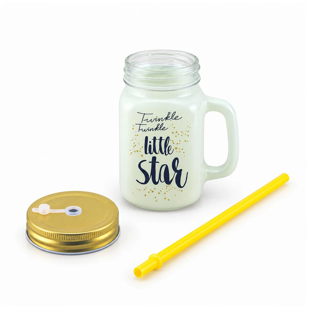 Kleeyo Twinkle Star 450 ml Glass Mason Jar with Straw