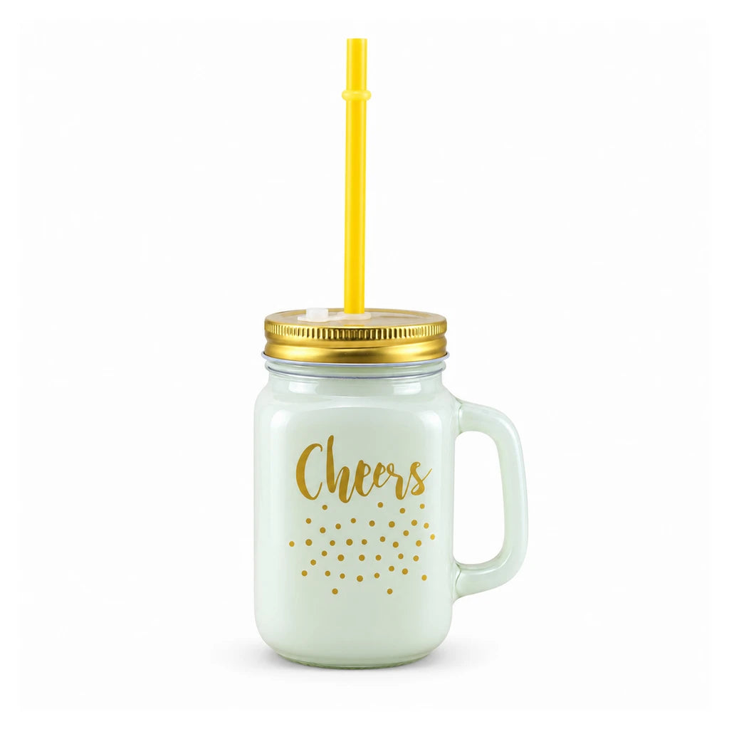 Kleeyo Golden Cheers 450 ml Glass Mason Jar with Straw
