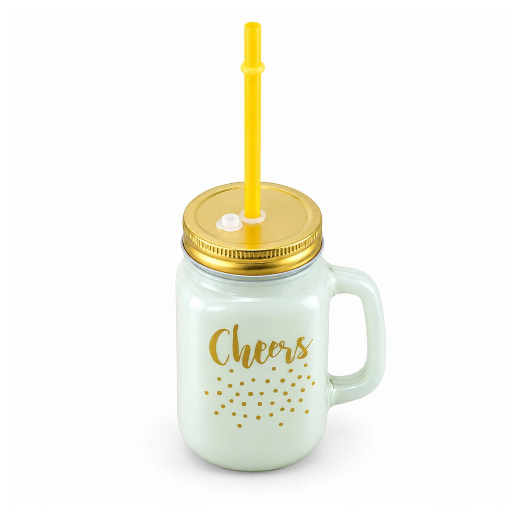 Kleeyo Golden Cheers 450 ml Glass Mason Jar with Straw
