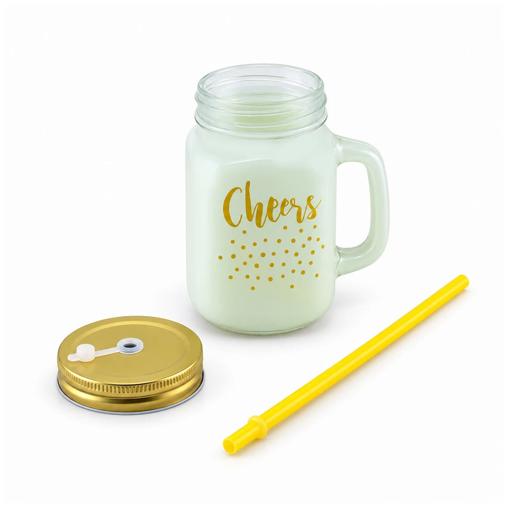 Kleeyo Golden Cheers 450 ml Glass Mason Jar with Straw