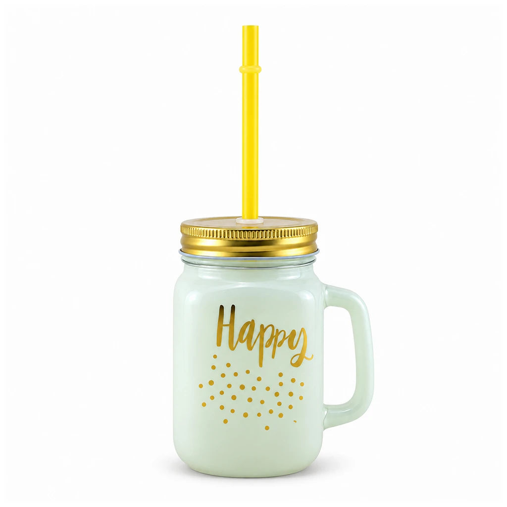 Kleeyo Golden Happy 450 ml Glass Mason Jar with Straw