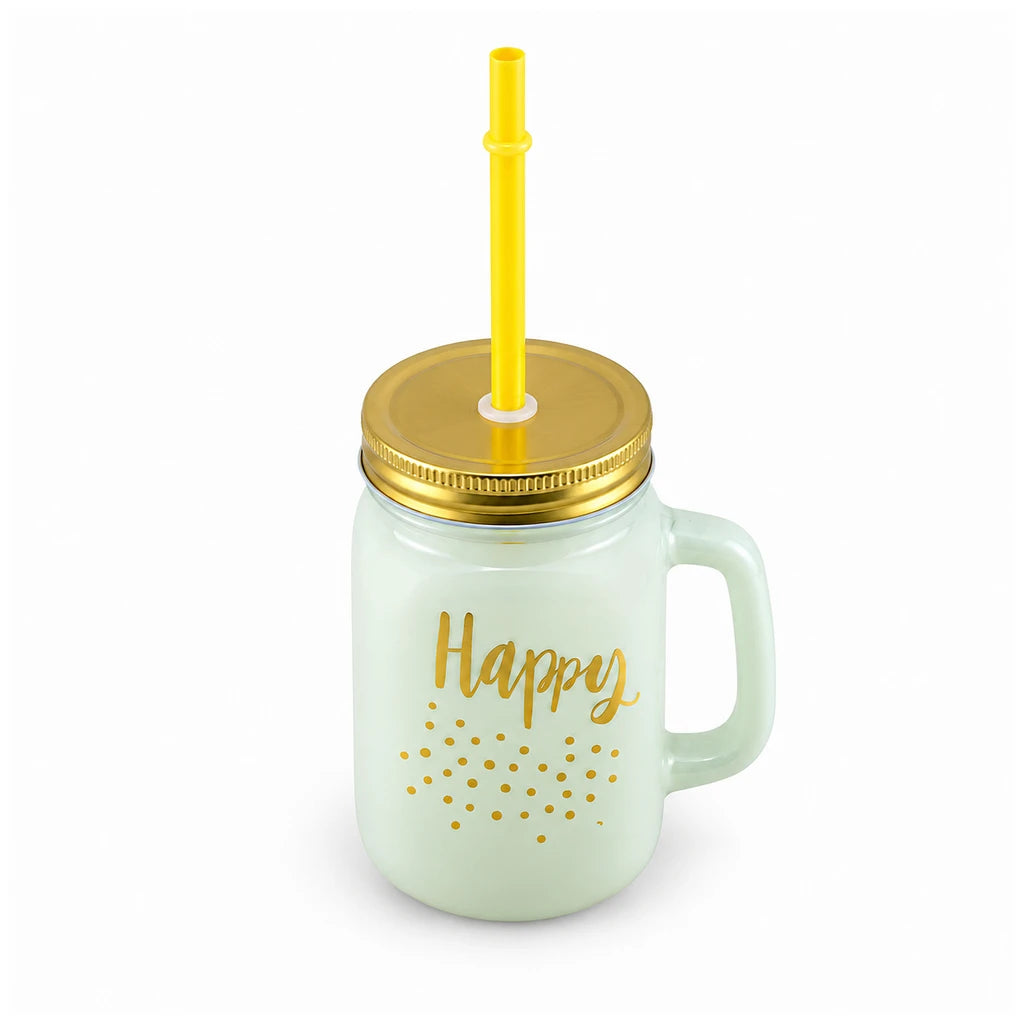 Kleeyo Golden Happy 450 ml Glass Mason Jar with Straw