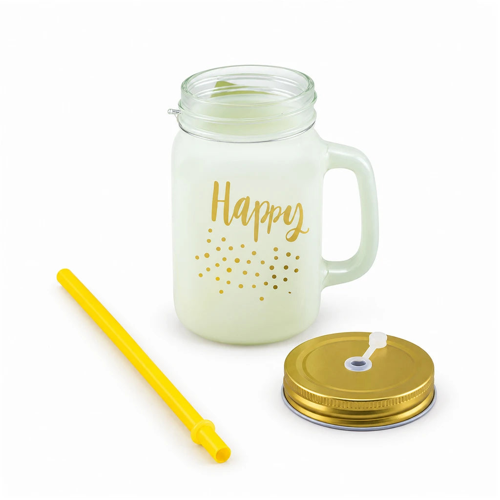 Kleeyo Golden Happy 450 ml Glass Mason Jar with Straw