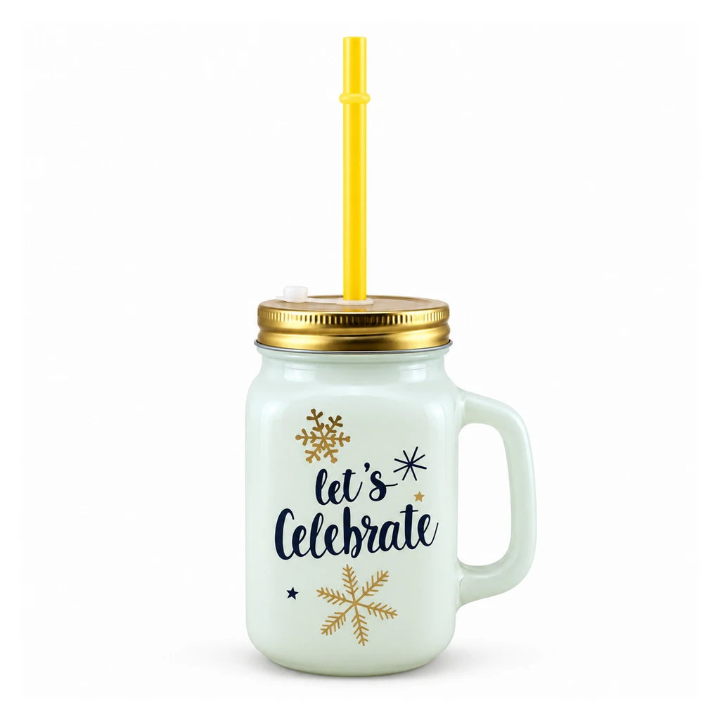 Kleeyo Let's Celebrate 450 ml Glass Mason Jar with Straw