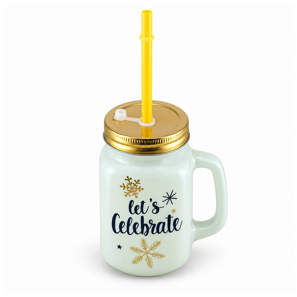 Kleeyo Let's Celebrate 450 ml Glass Mason Jar with Straw