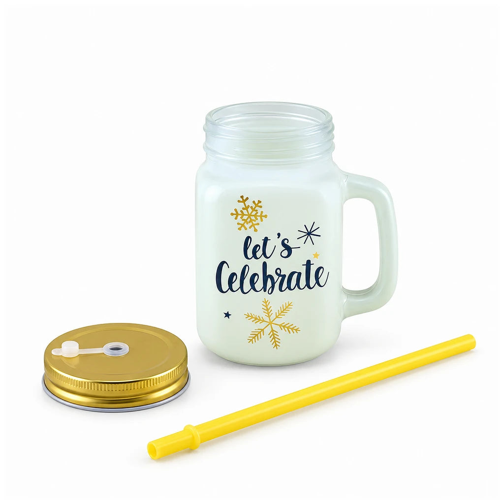 Kleeyo Let's Celebrate 450 ml Glass Mason Jar with Straw