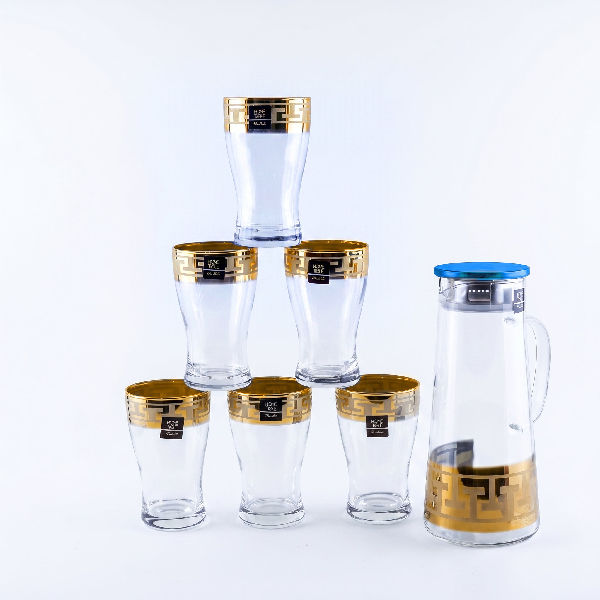 Home Table 7-Piece Gold Rim Water Glass and Jug With Blue Lid Sets