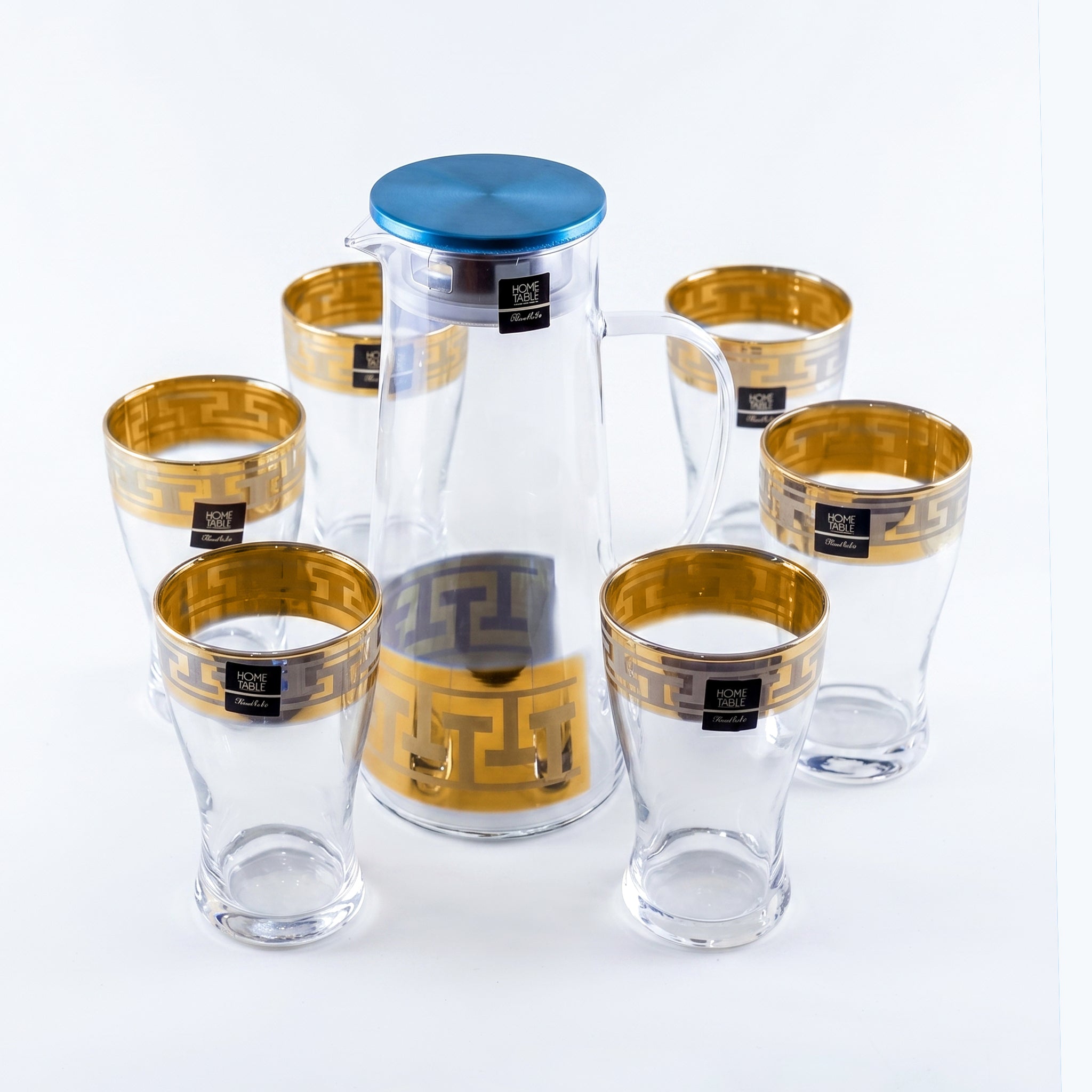 Home Table 7-Piece Gold Rim Water Glass and Jug With Blue Lid Sets
