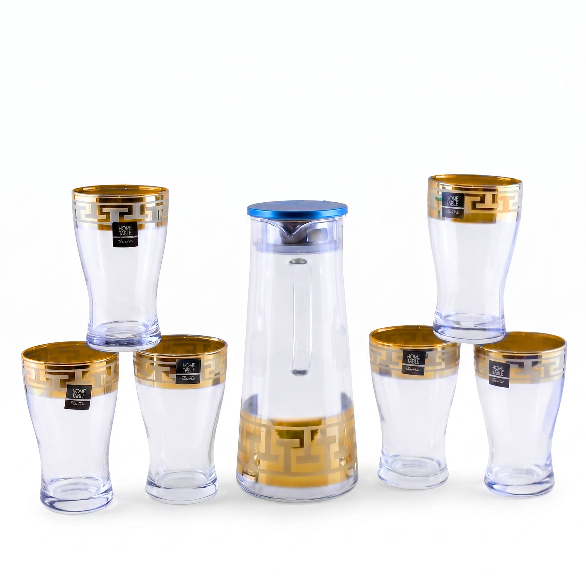 Home Table 7-Piece Gold Rim Water Glass and Jug With Blue Lid Sets