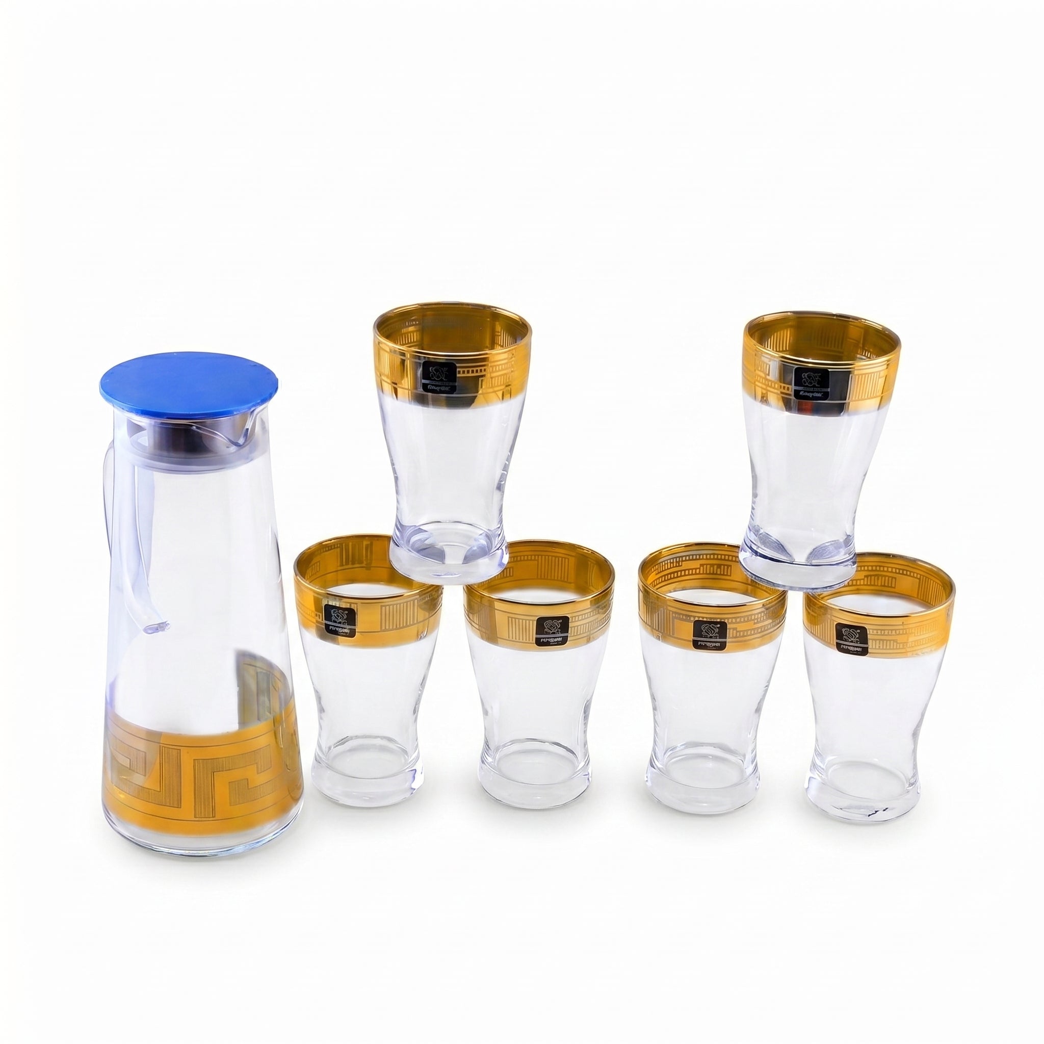Home Table 7-Piece Gold Rim Water Glass and Jug With Blue Lid Sets