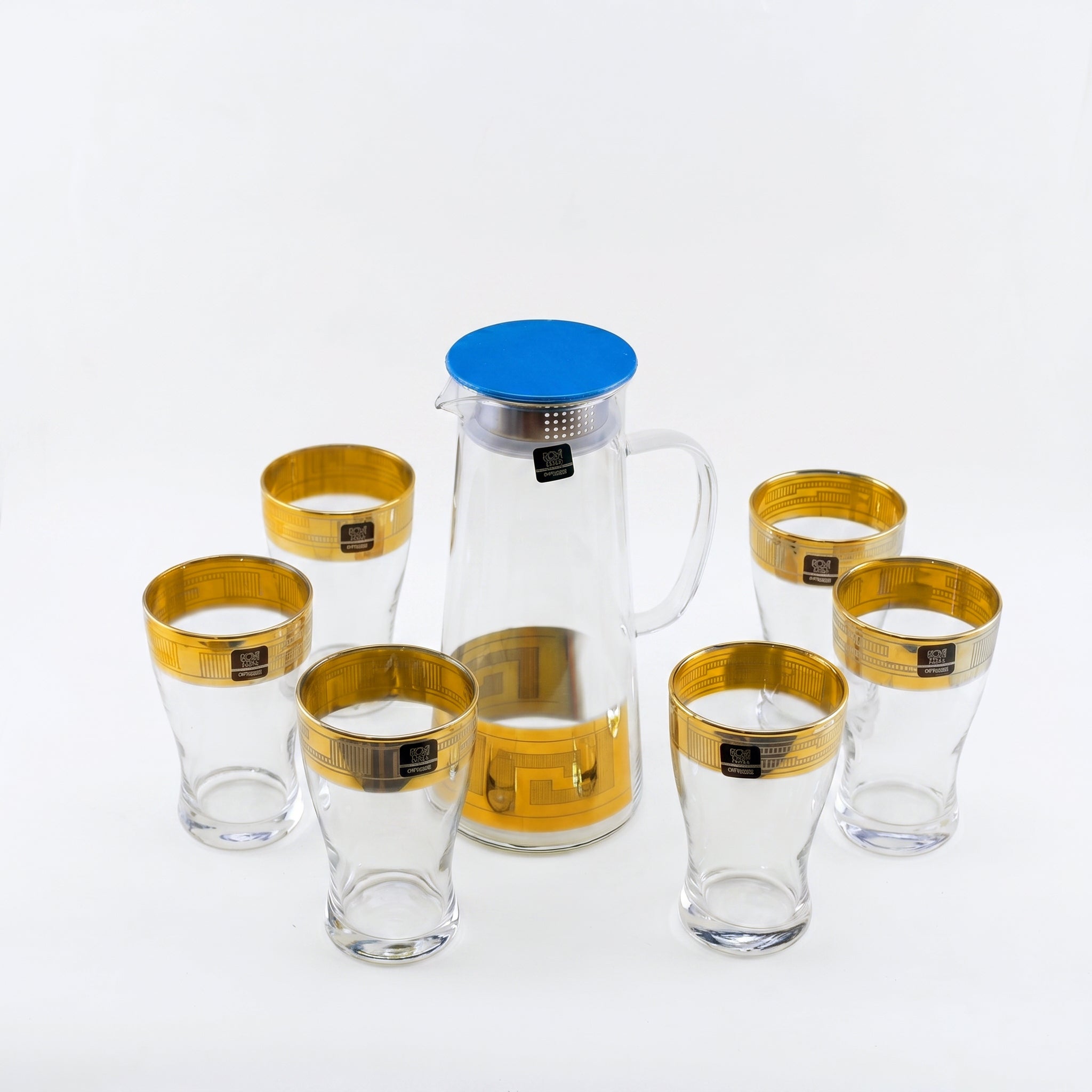 Home Table 7-Piece Gold Rim Water Glass and Jug With Blue Lid Sets