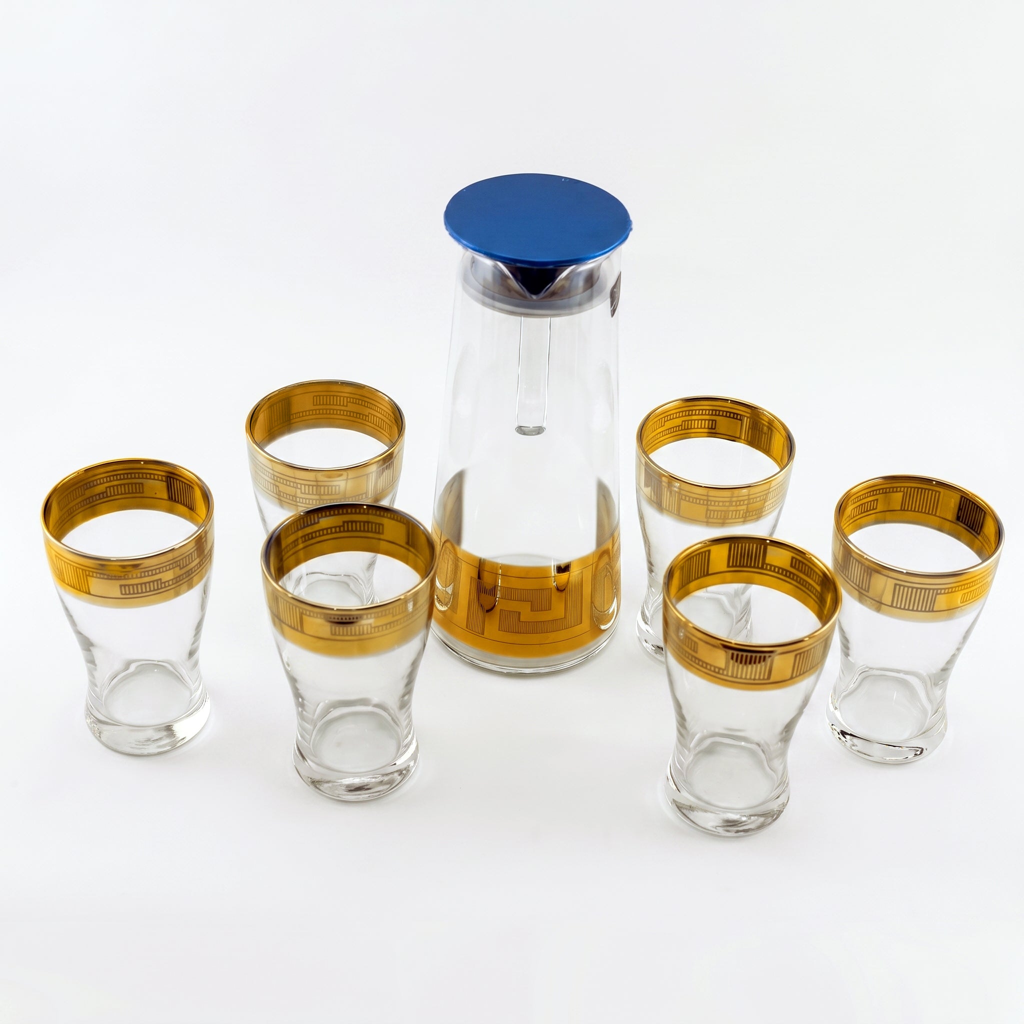 Home Table 7-Piece Gold Rim Water Glass and Jug With Blue Lid Sets