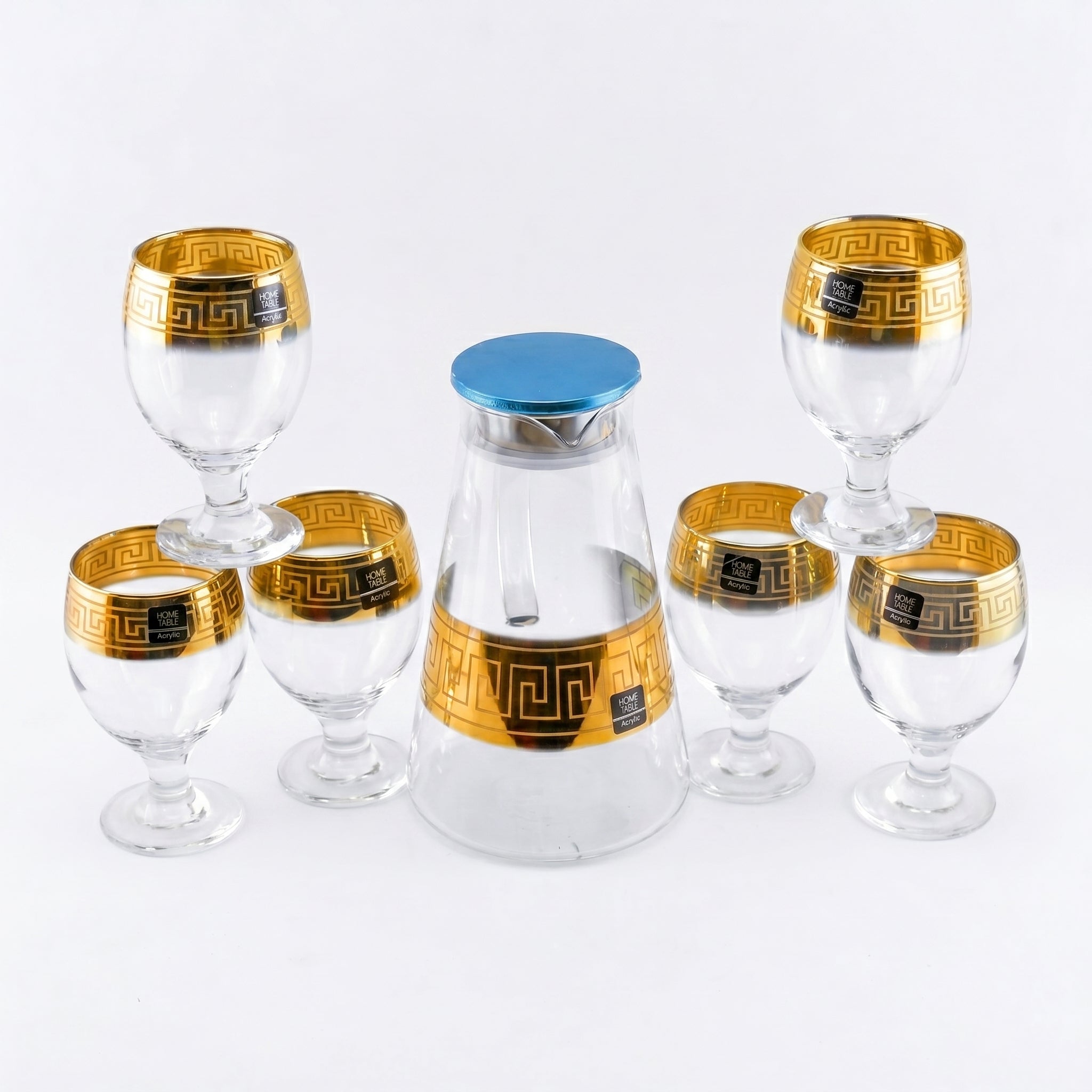 Home Table 7-Piece Gold Rim Water Glass and Jug With Blue Lid Sets