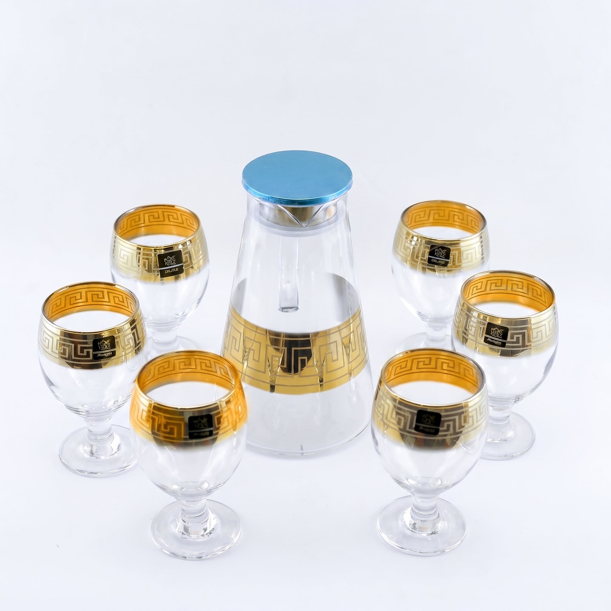 Home Table 7-Piece Gold Rim Water Glass and Jug With Blue Lid Sets