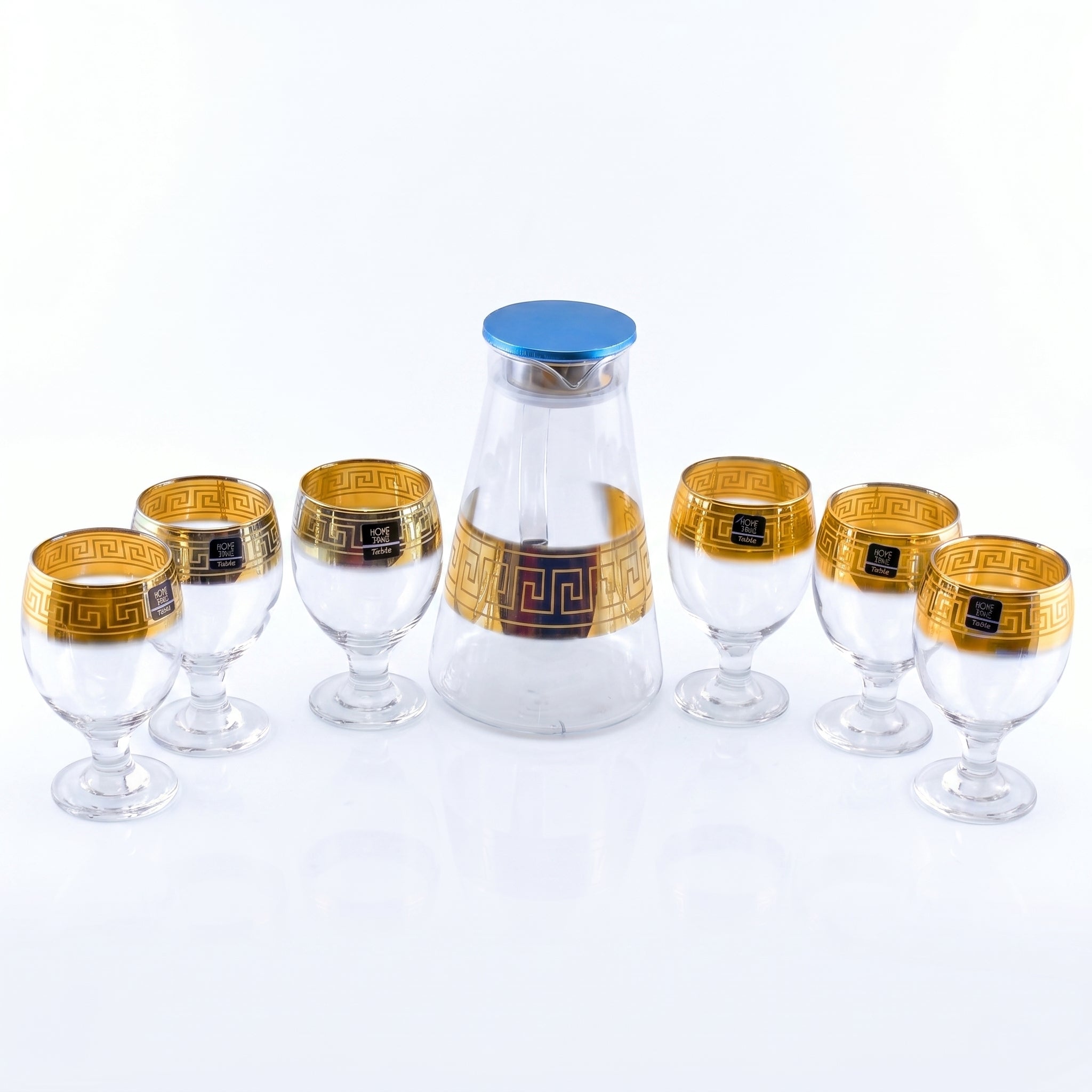 Home Table 7-Piece Gold Rim Water Glass and Jug With Blue Lid Sets