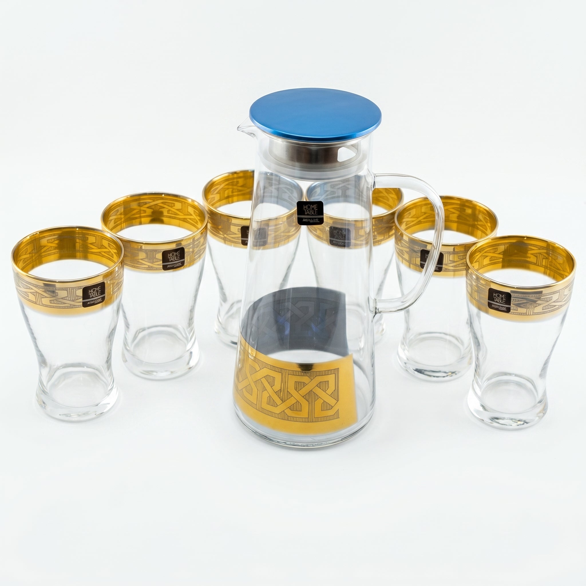 Home Table 7-Piece Gold Rim Water Glass and Jug With Blue Lid Sets
