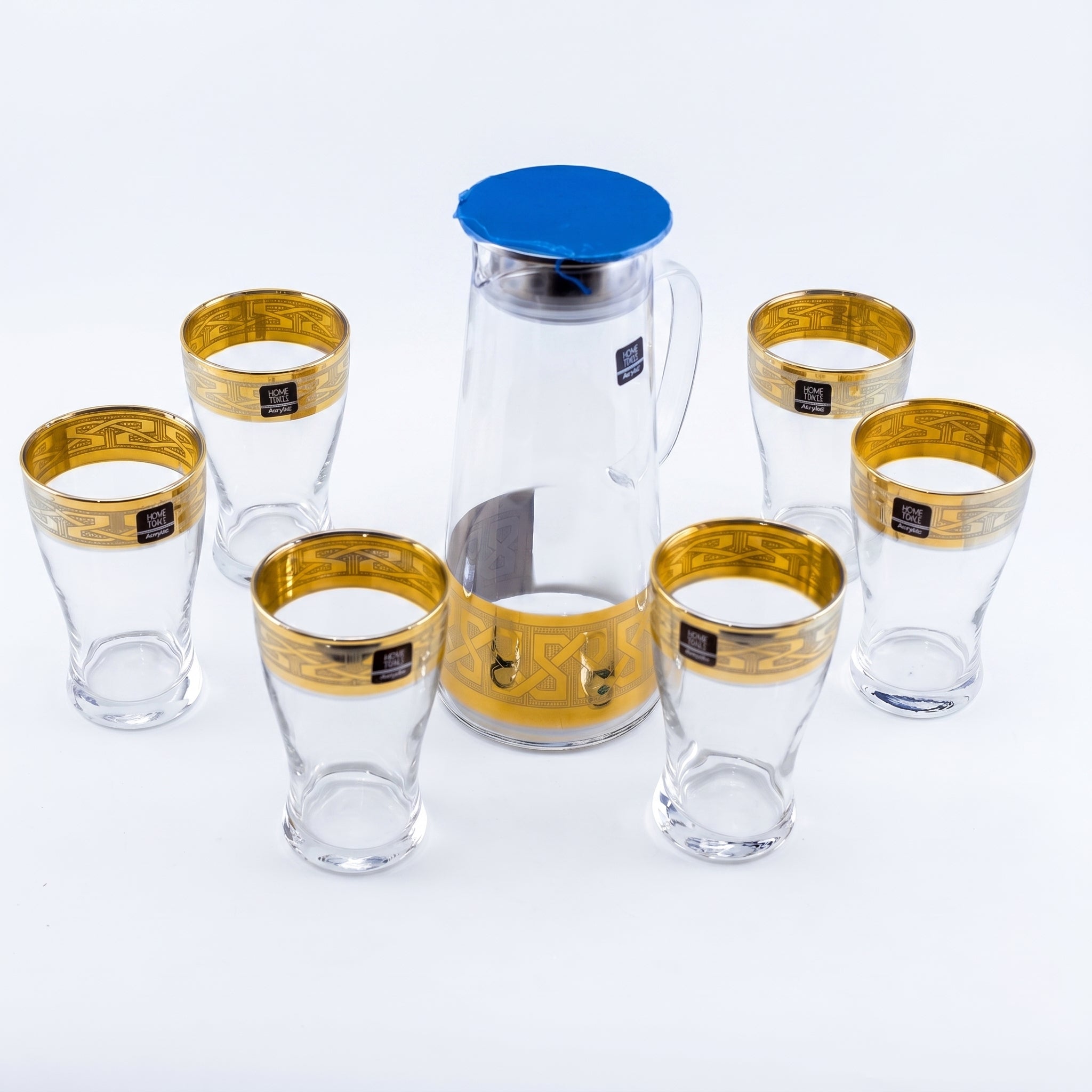 Home Table 7-Piece Gold Rim Water Glass and Jug With Blue Lid Sets