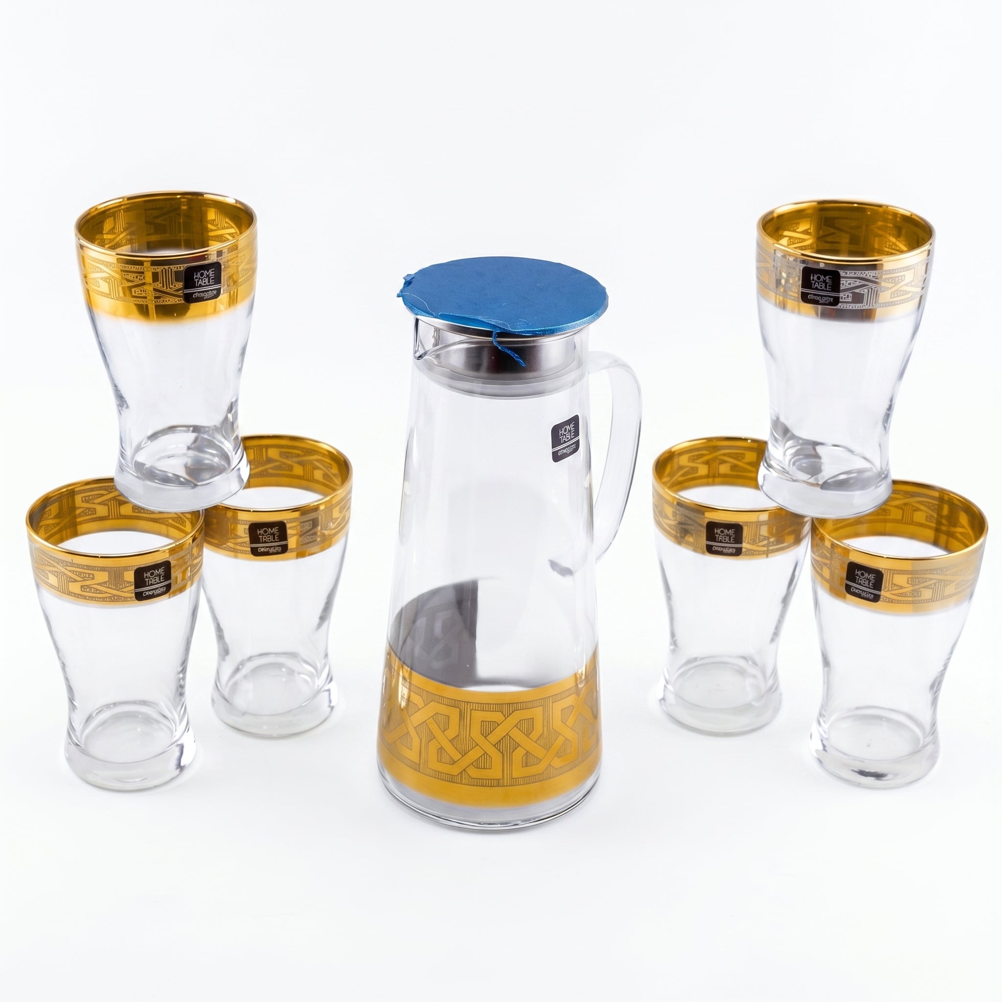 Home Table 7-Piece Gold Rim Water Glass and Jug With Blue Lid Sets