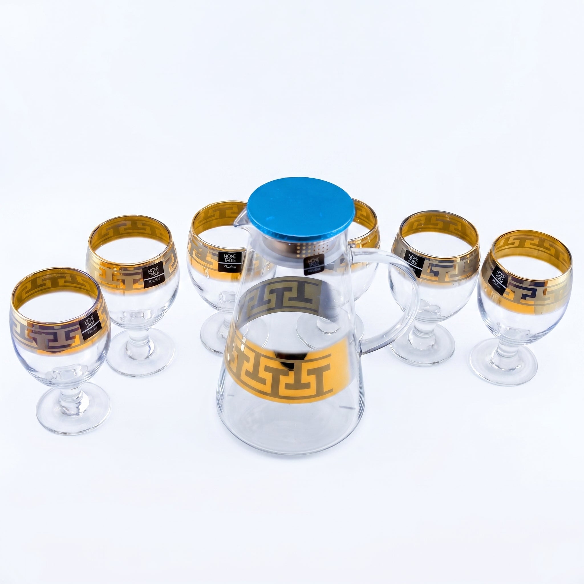 Home Table 7-Piece Gold Rim Water Glass and Jug With Blue Lid Sets