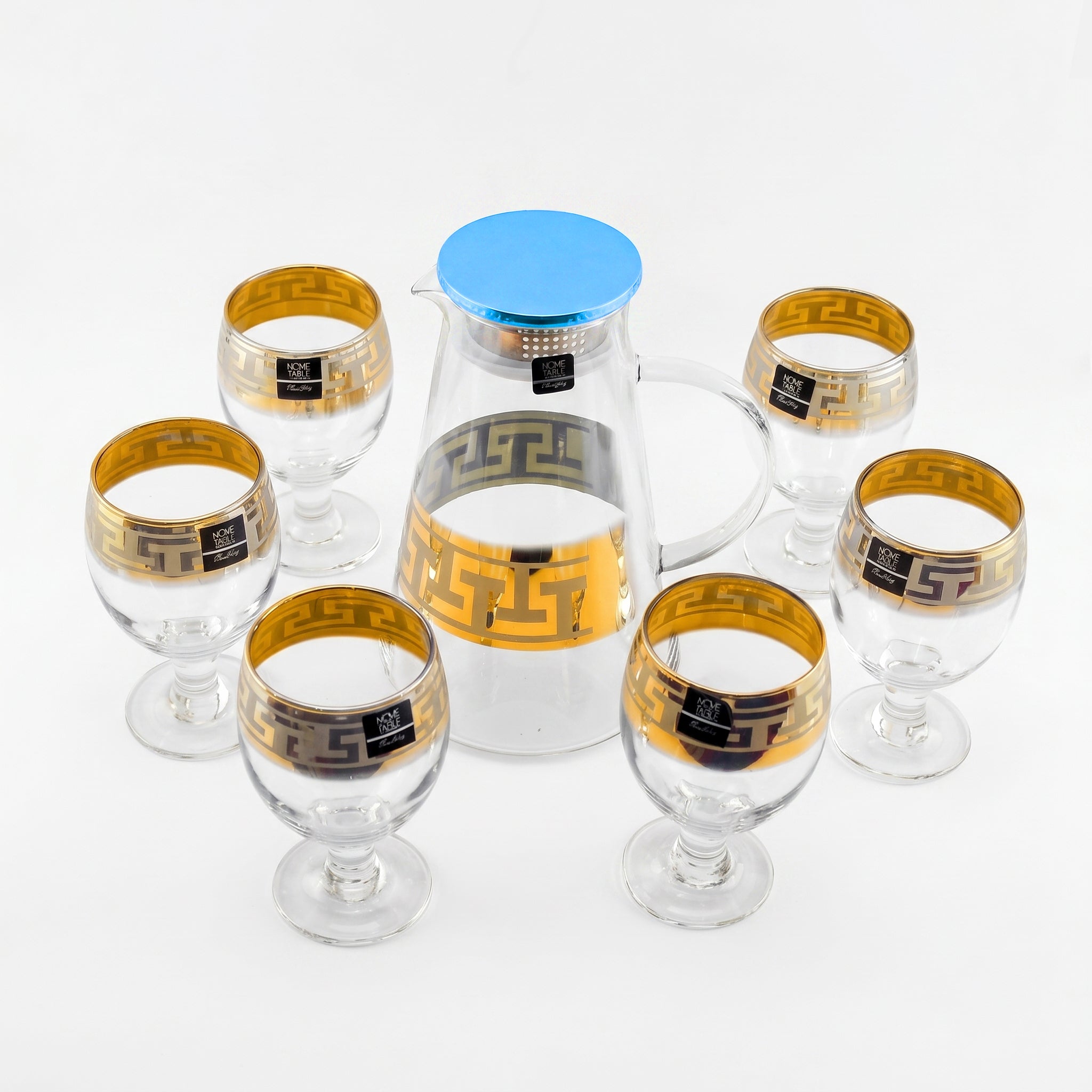 Home Table 7-Piece Gold Rim Water Glass and Jug With Blue Lid Sets