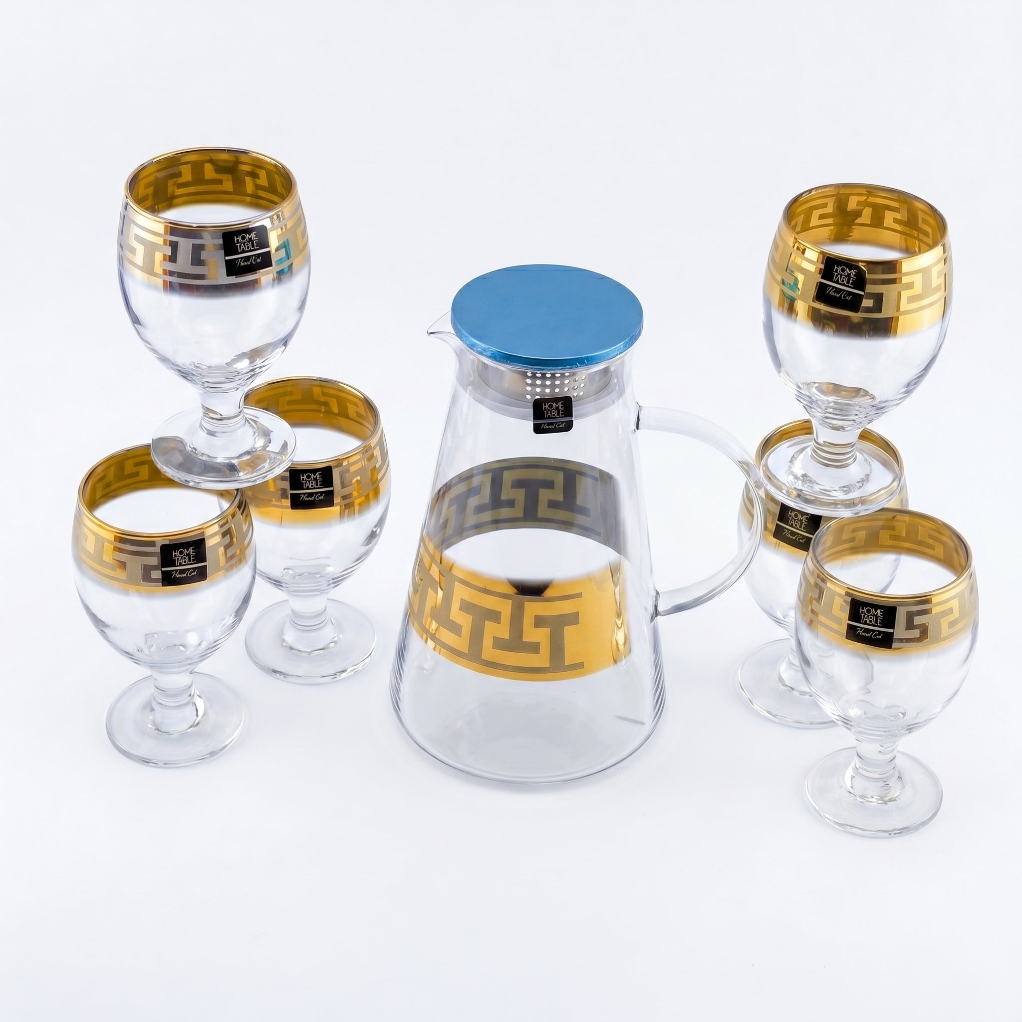 Home Table 7-Piece Gold Rim Water Glass and Jug With Blue Lid Sets