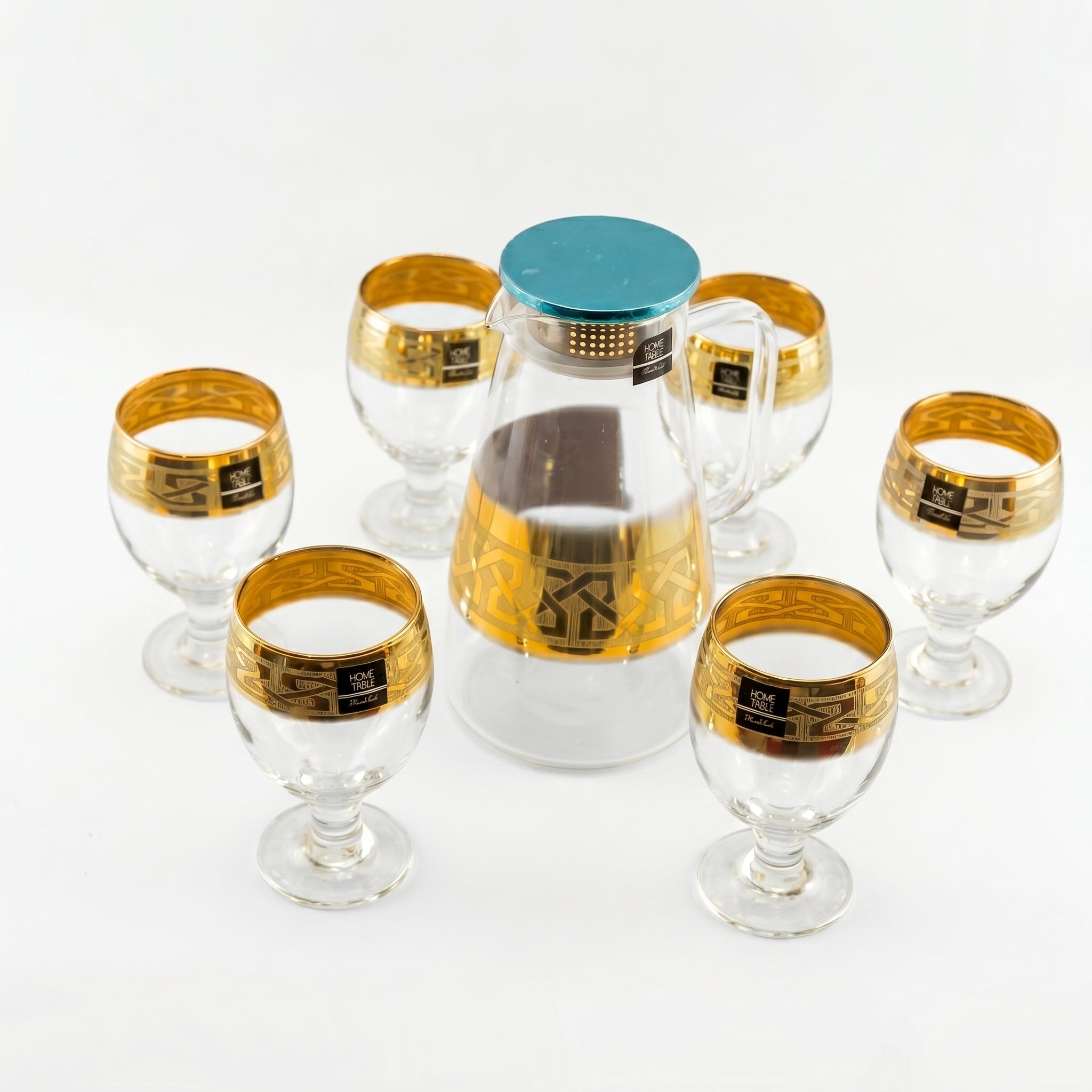 Home Table 7-Piece Gold Rim Water Glass and Jug With Blue Lid Sets