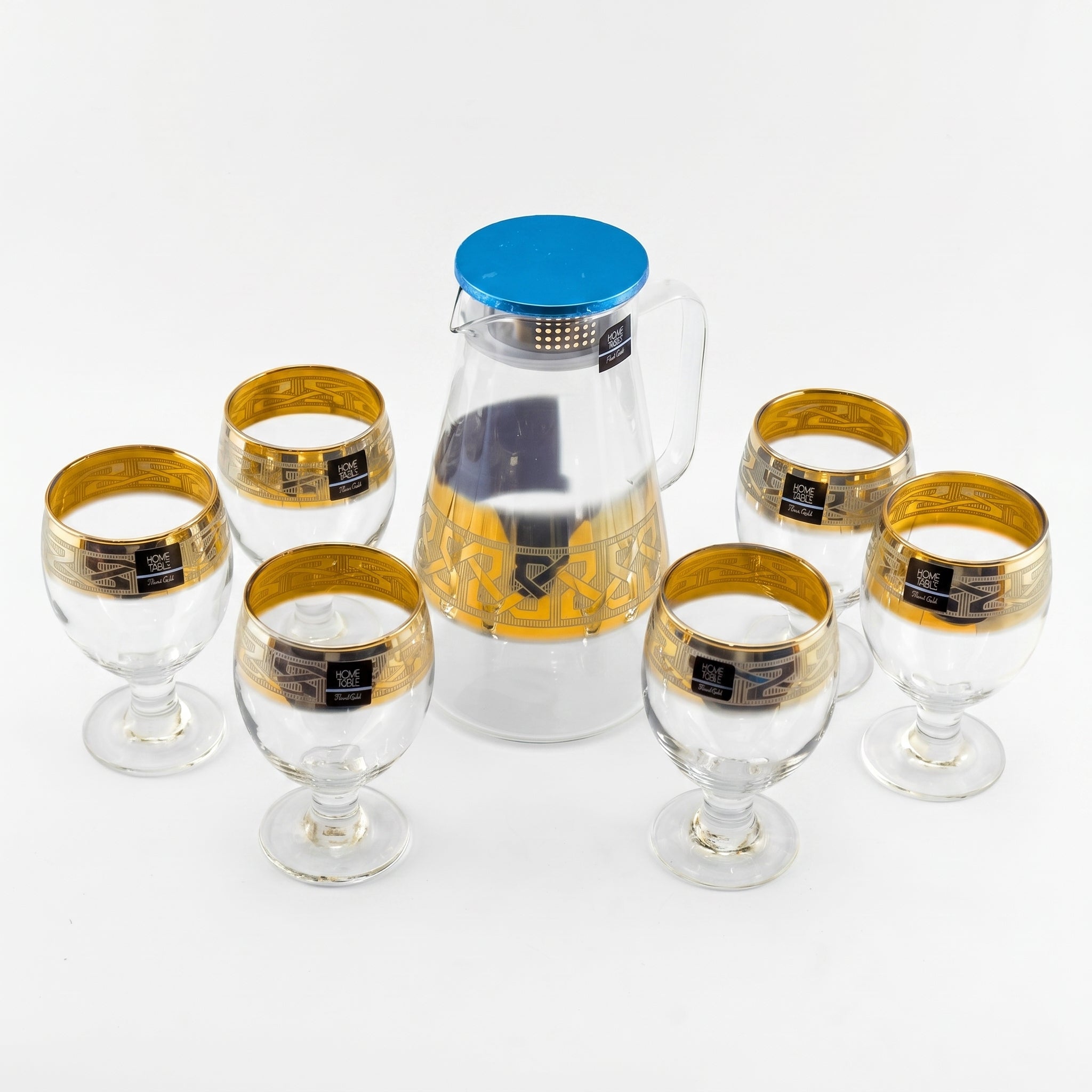 Home Table 7-Piece Gold Rim Water Glass and Jug With Blue Lid Sets