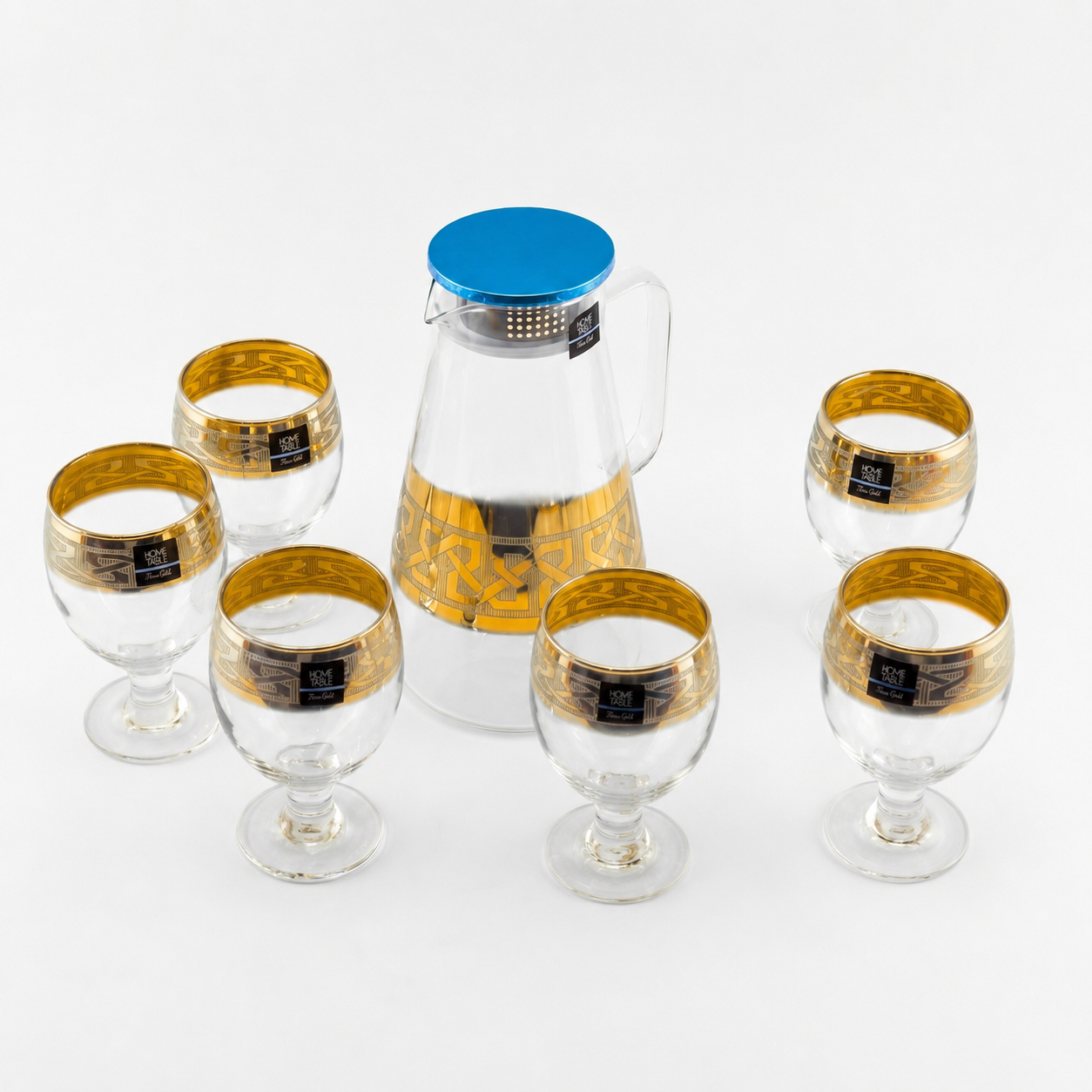 Home Table 7-Piece Gold Rim Water Glass and Jug With Blue Lid Sets