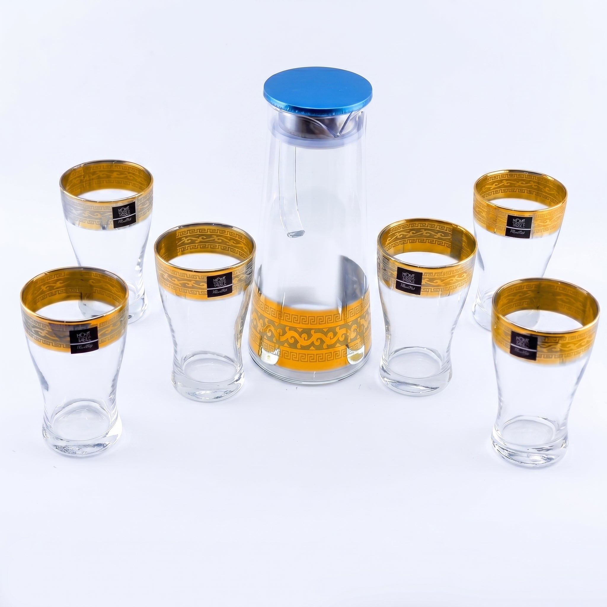 Home Table 7-Piece Gold Rim Water Glass and Jug With Blue Lid Sets