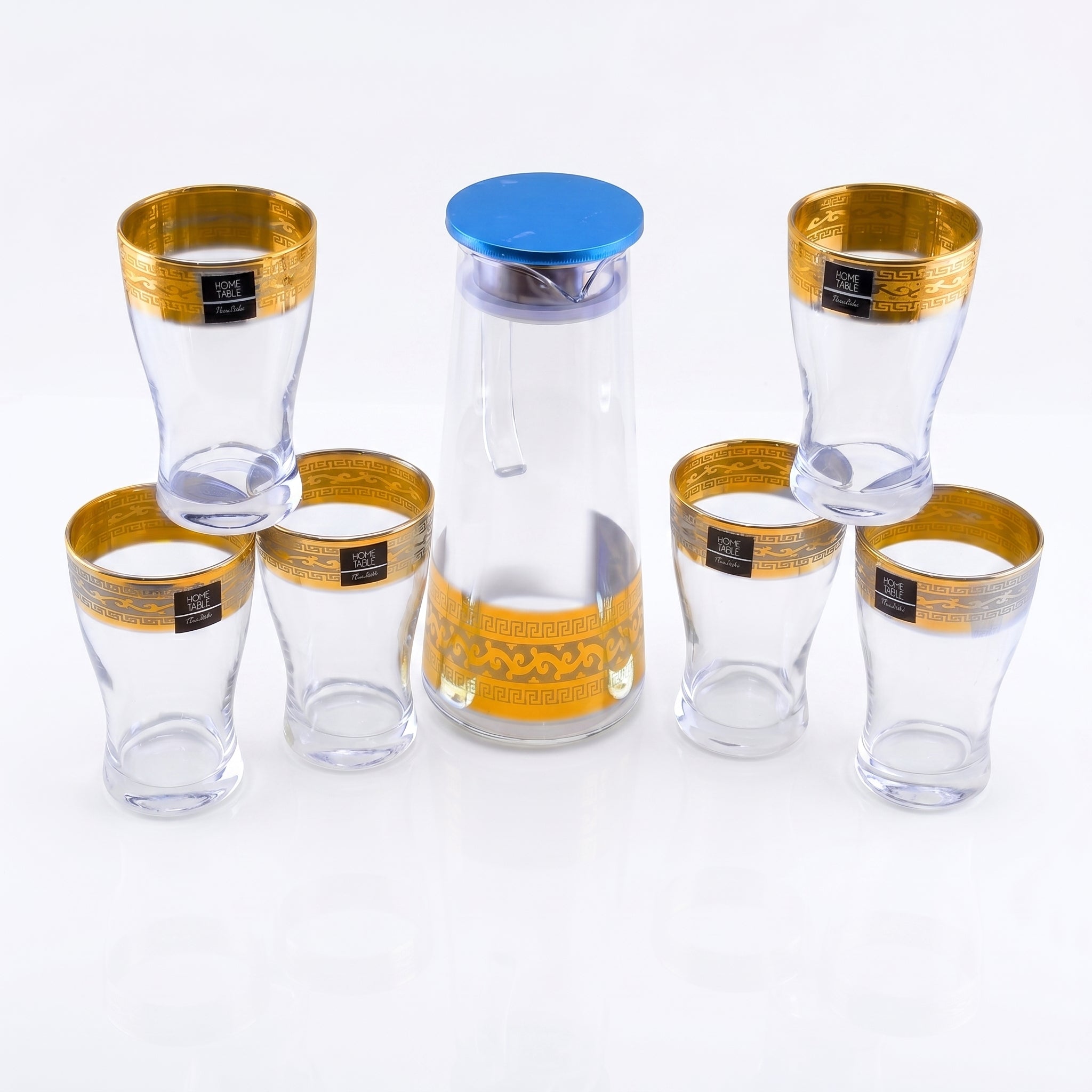 Home Table 7-Piece Gold Rim Water Glass and Jug With Blue Lid Sets