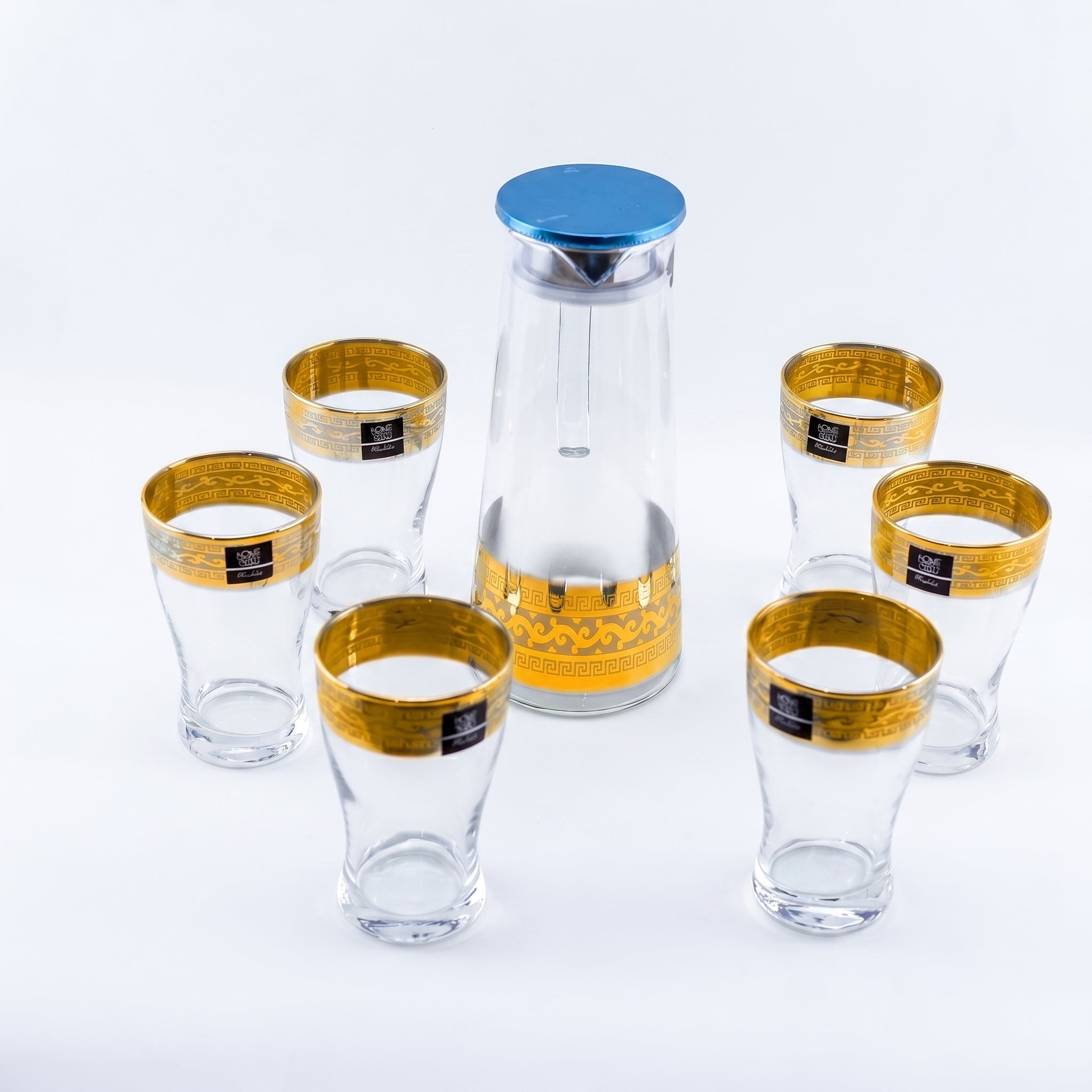 Home Table 7-Piece Gold Rim Water Glass and Jug With Blue Lid Sets