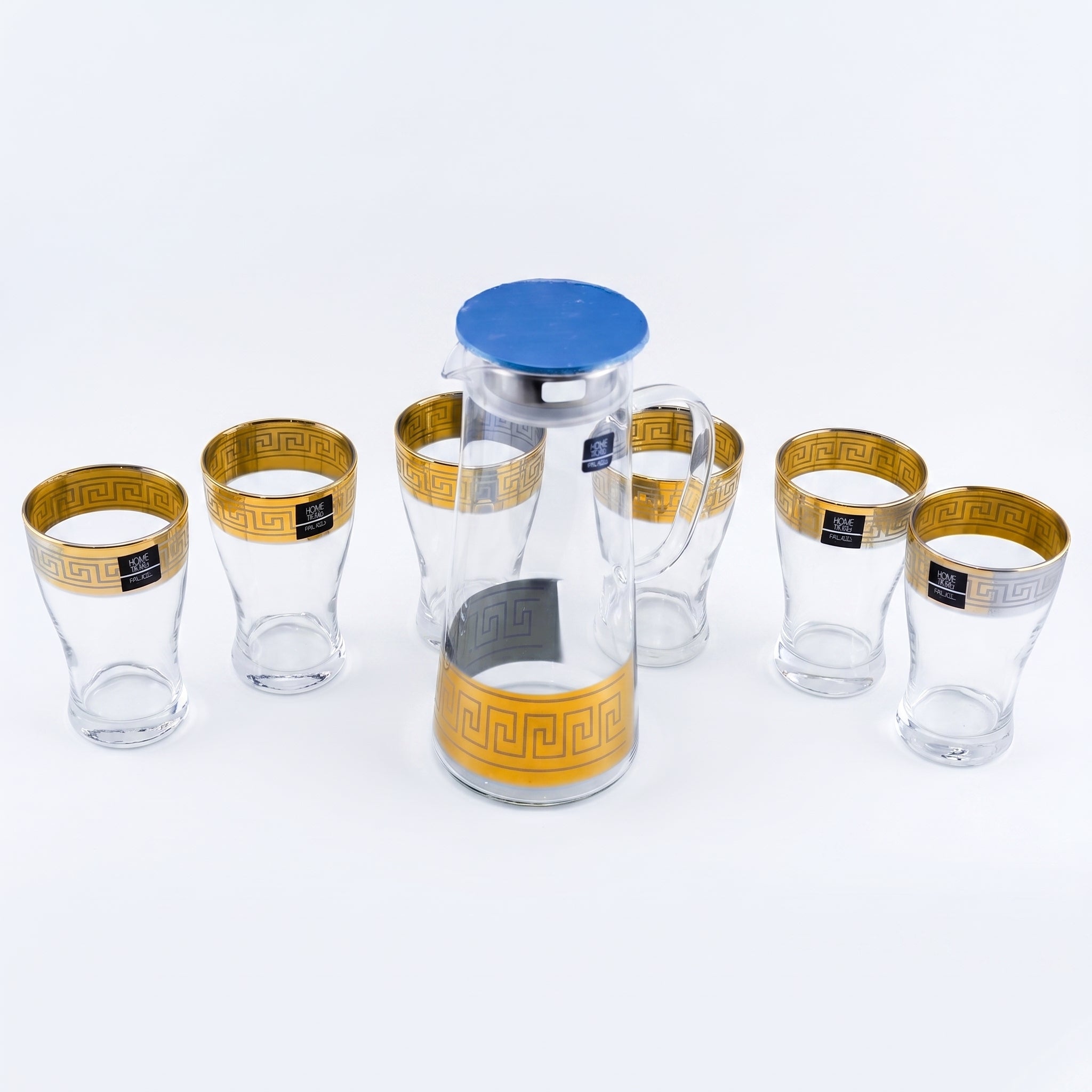Home Table 7-Piece Gold Rim Water Glass and Jug With Blue Lid Sets
