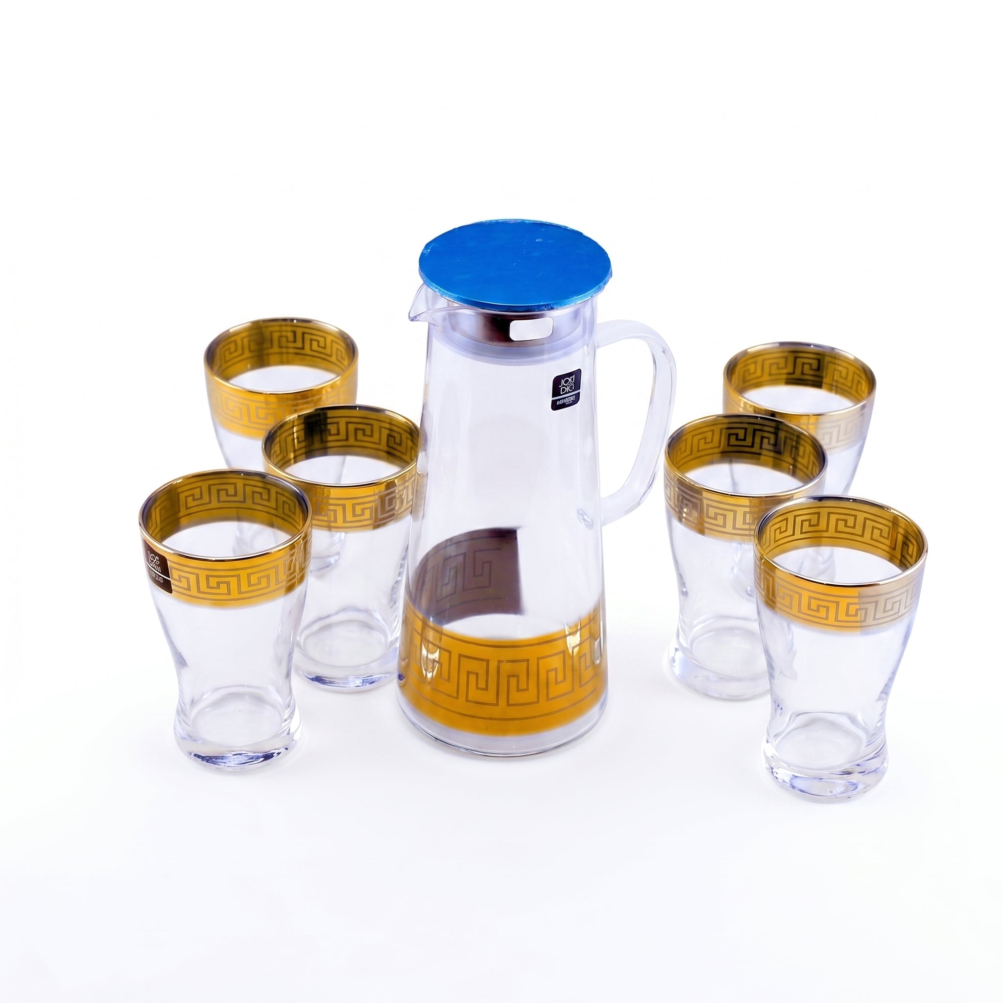Home Table 7-Piece Gold Rim Water Glass and Jug With Blue Lid Sets
