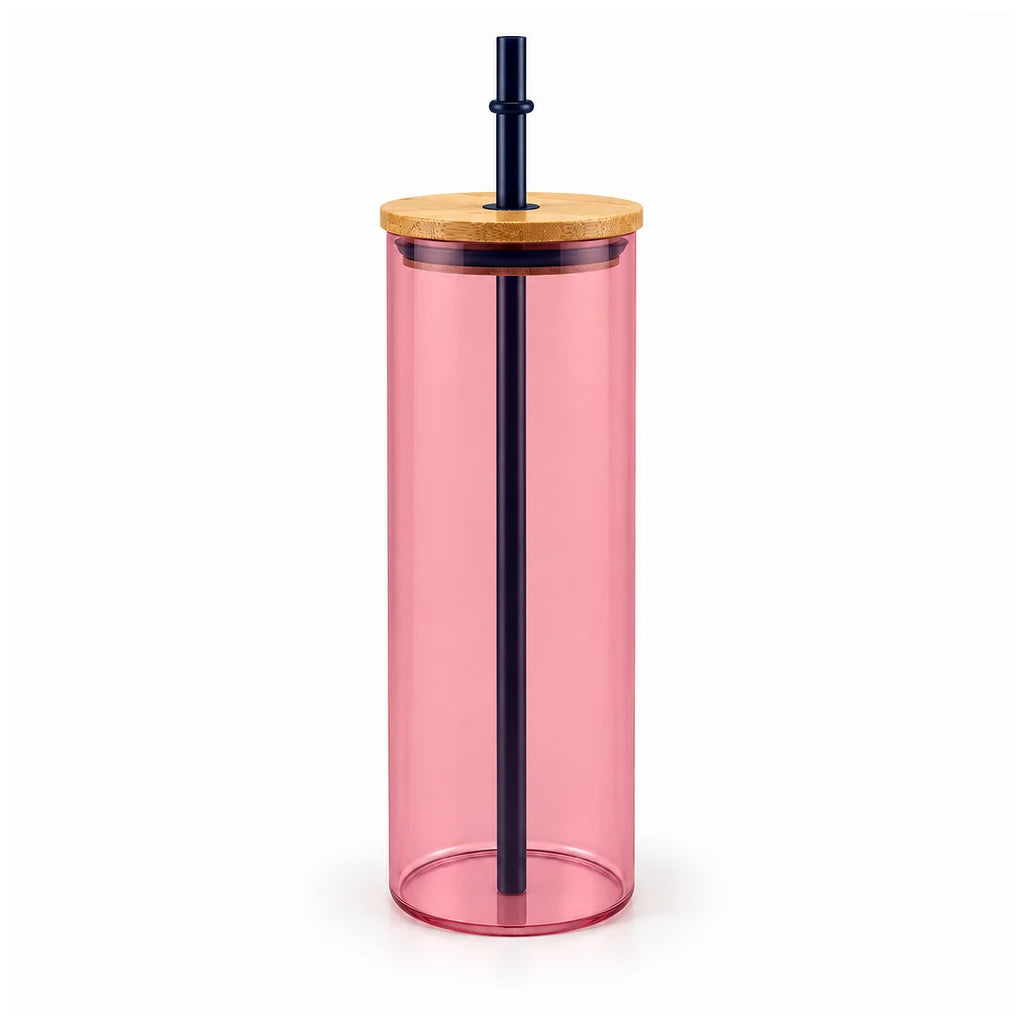 Kleeyo Slim Tint 450 ml Glass Mason Jar with Straw, Pink or Brown