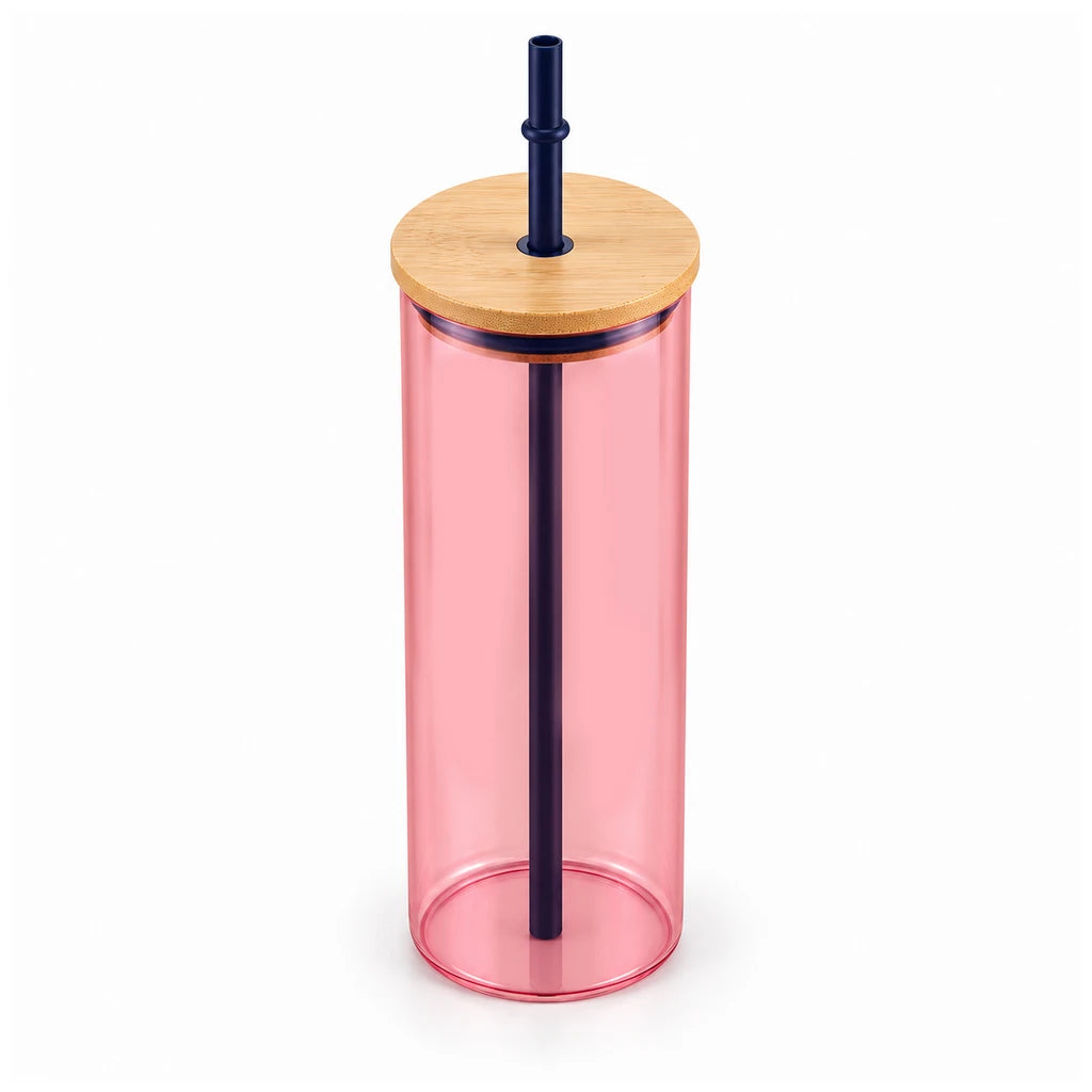 Kleeyo Slim Tint 450 ml Glass Mason Jar with Straw, Pink or Brown