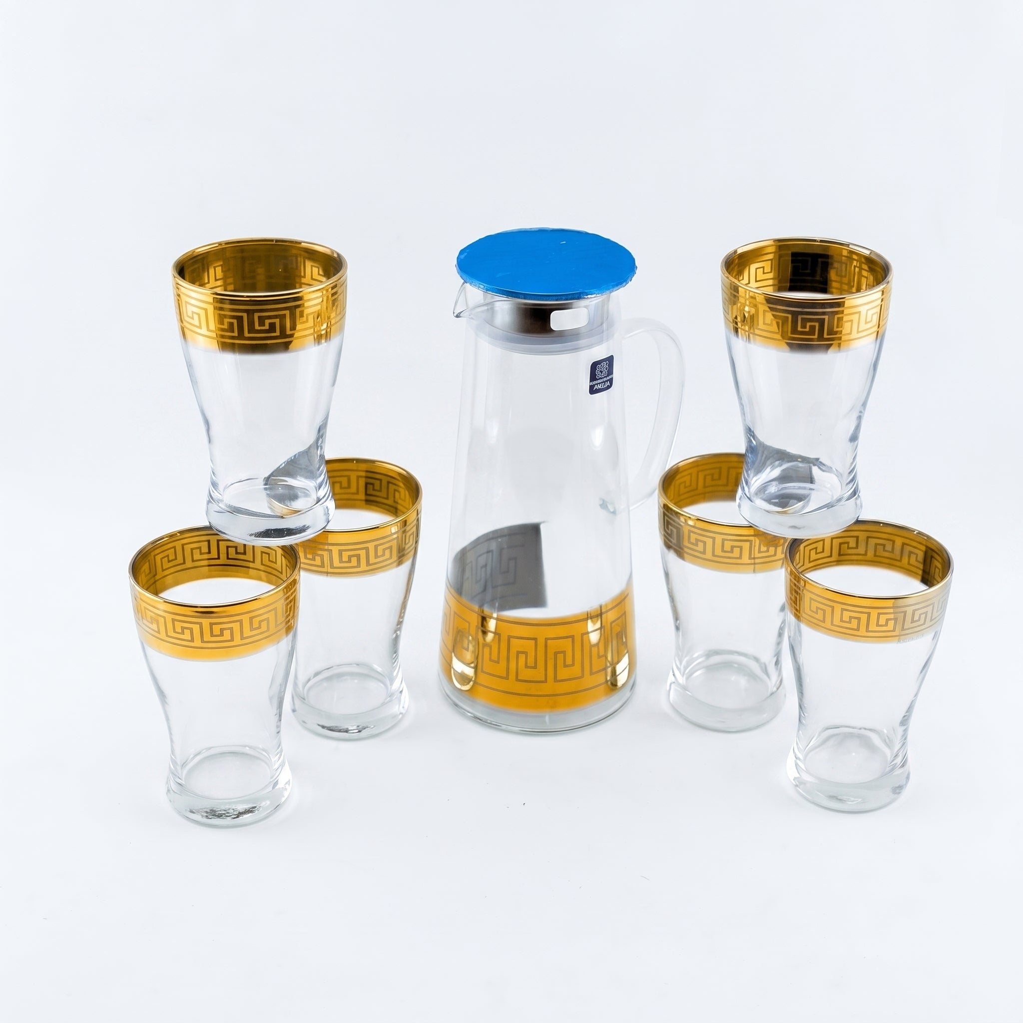 Home Table 7-Piece Gold Rim Water Glass and Jug With Blue Lid Sets