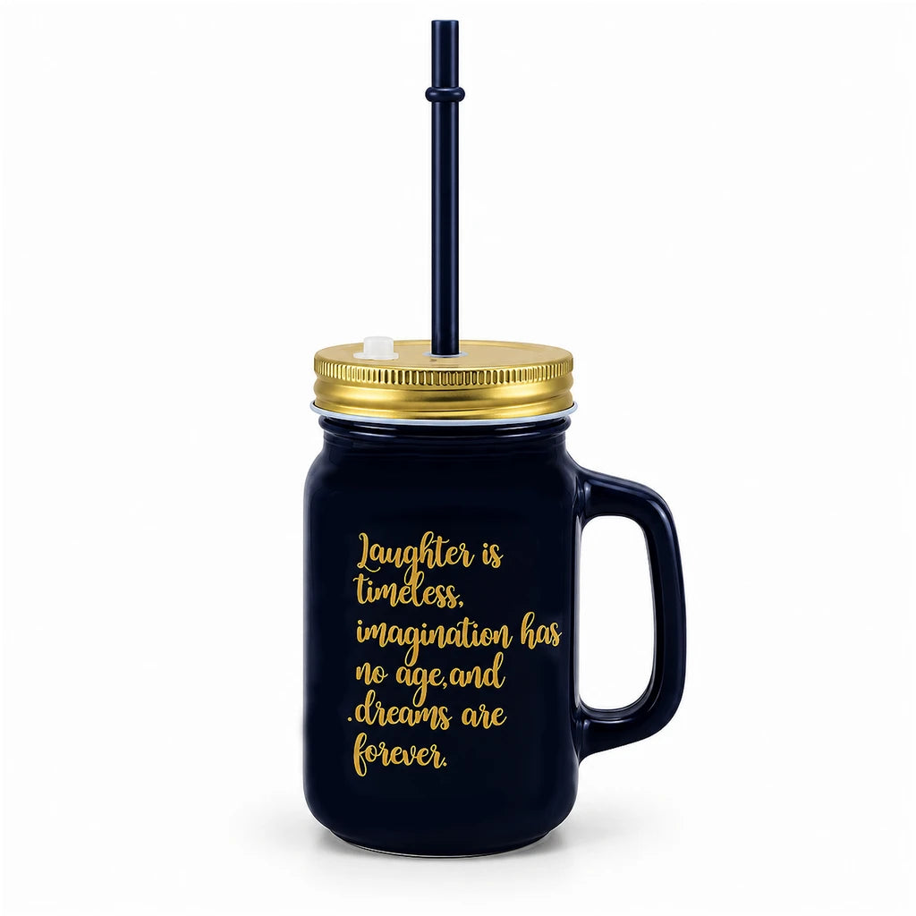Kleeyo Black Dreams Forever 450 ml Glass Mason Jar with Straw