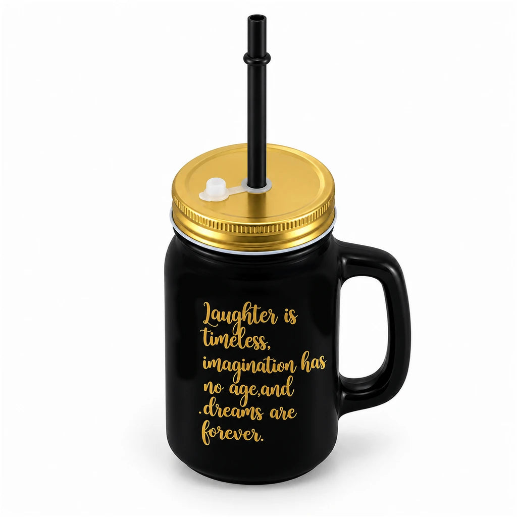 Kleeyo Black Dreams Forever 450 ml Glass Mason Jar with Straw
