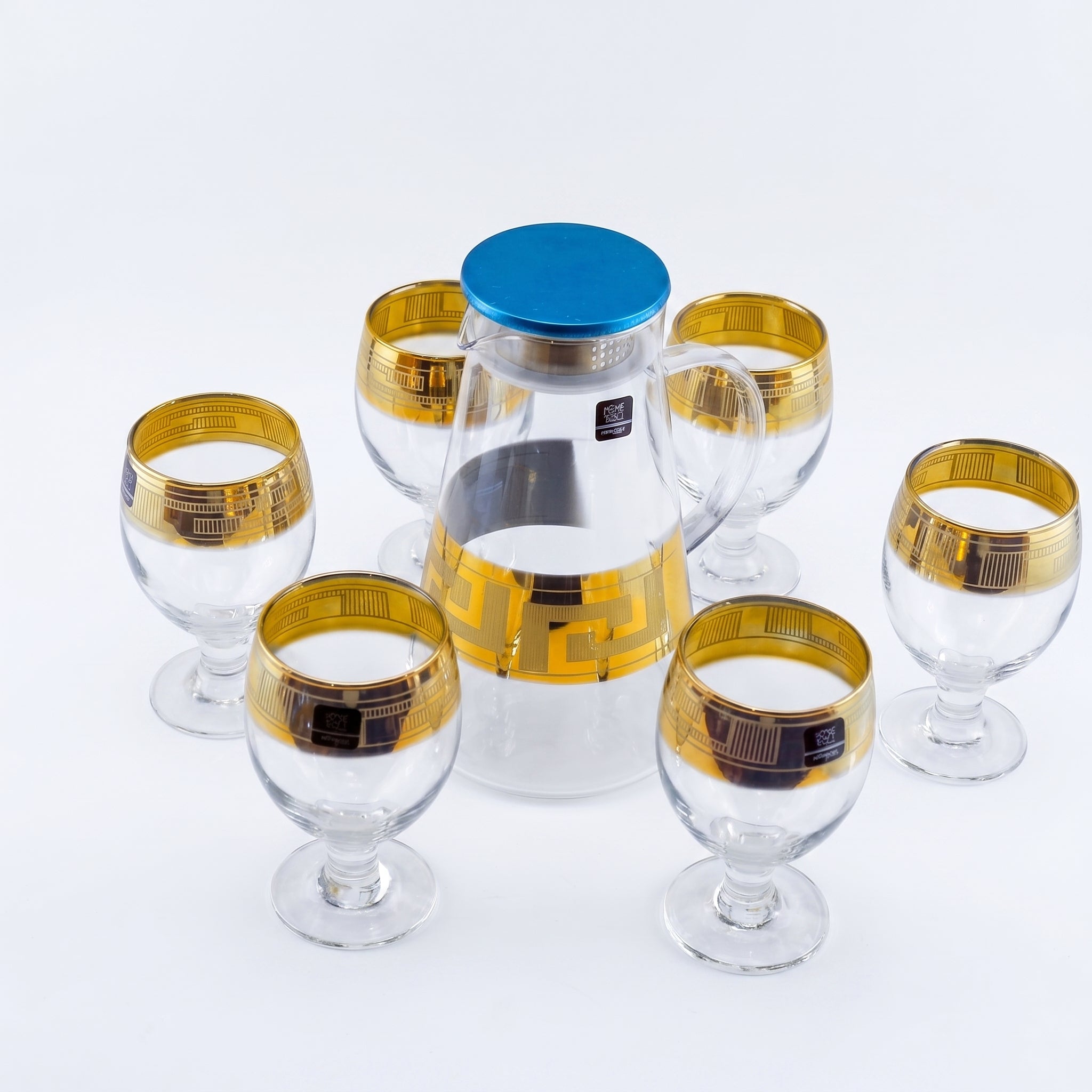 Home Table 7-Piece Gold Rim Water Glass and Jug With Blue Lid Sets