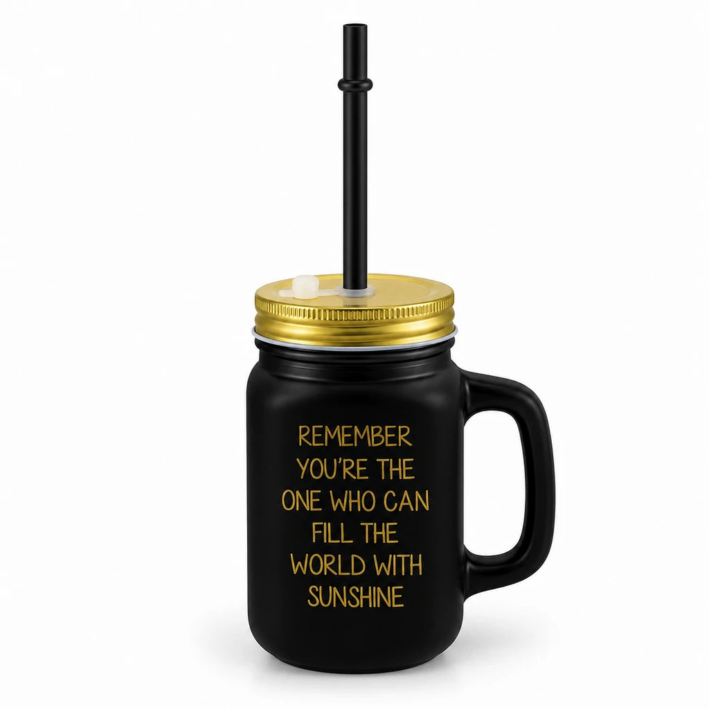 Kleeyo Black Sunshine 450 ml Glass Mason Jar with Straw