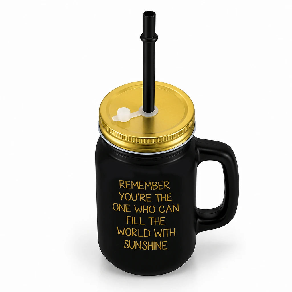 Kleeyo Black Sunshine 450 ml Glass Mason Jar with Straw