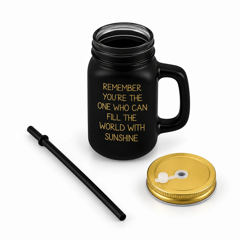 Kleeyo Black Sunshine 450 ml Glass Mason Jar with Straw
