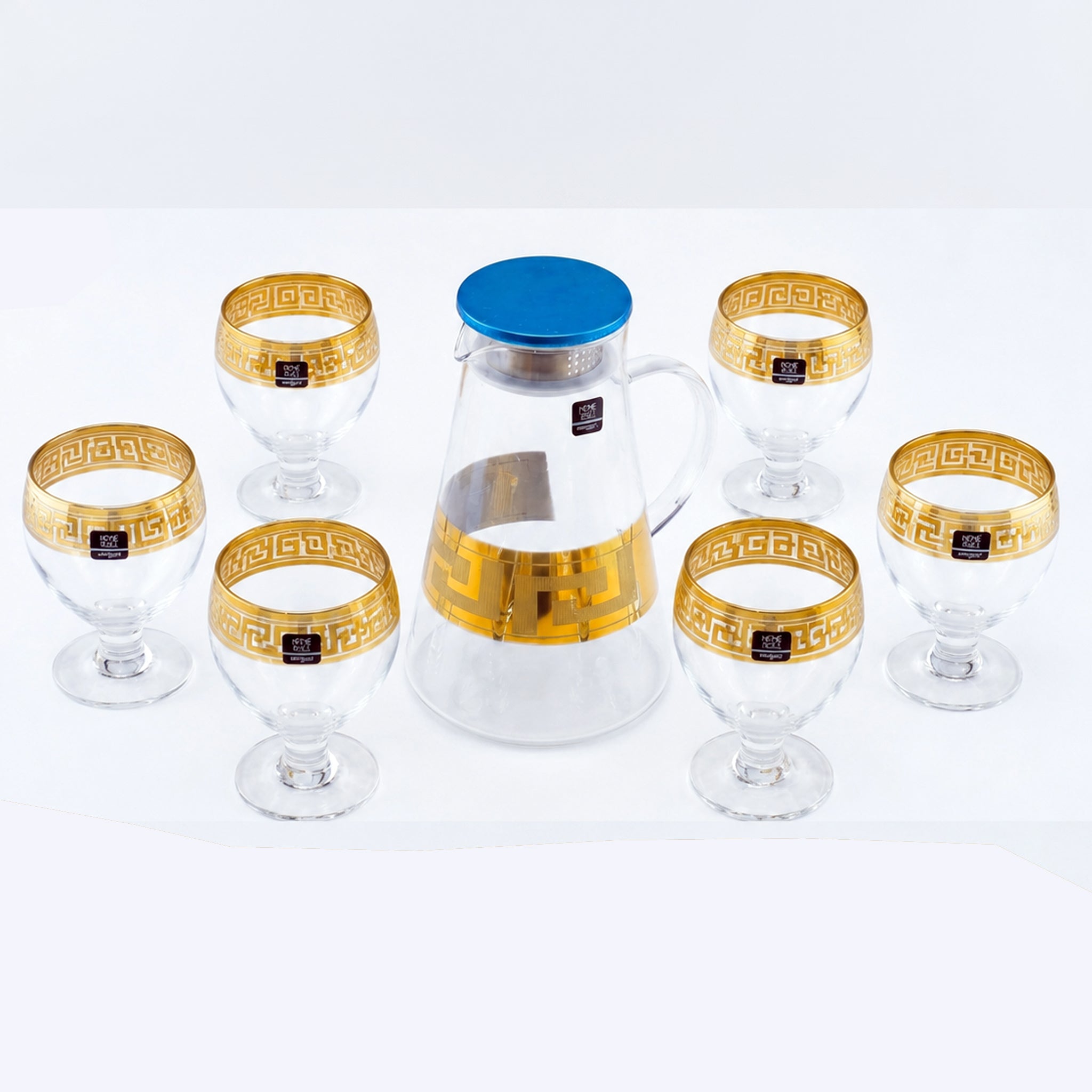 Home Table 7-Piece Gold Rim Water Glass and Jug With Blue Lid Sets