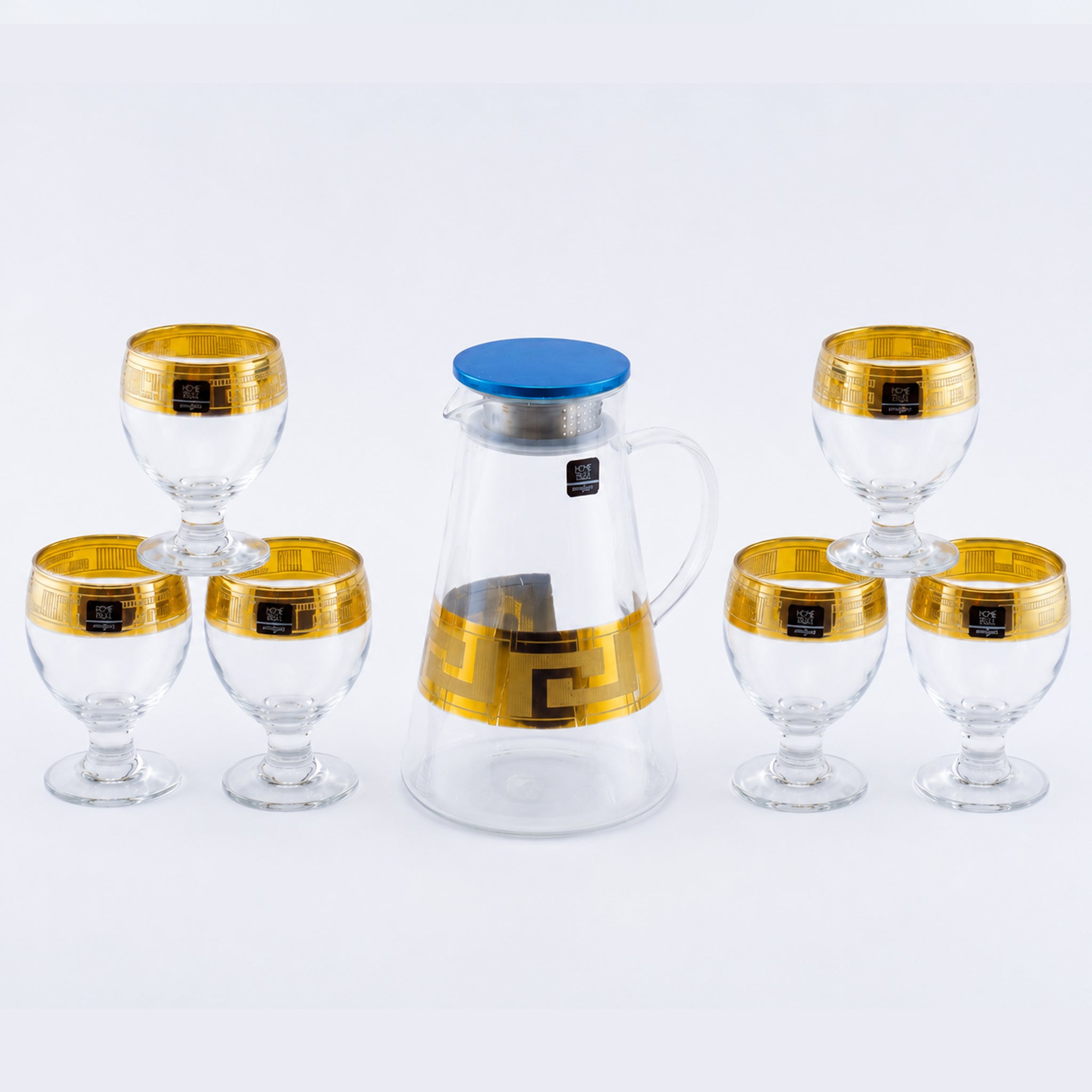 Home Table 7-Piece Gold Rim Water Glass and Jug With Blue Lid Sets