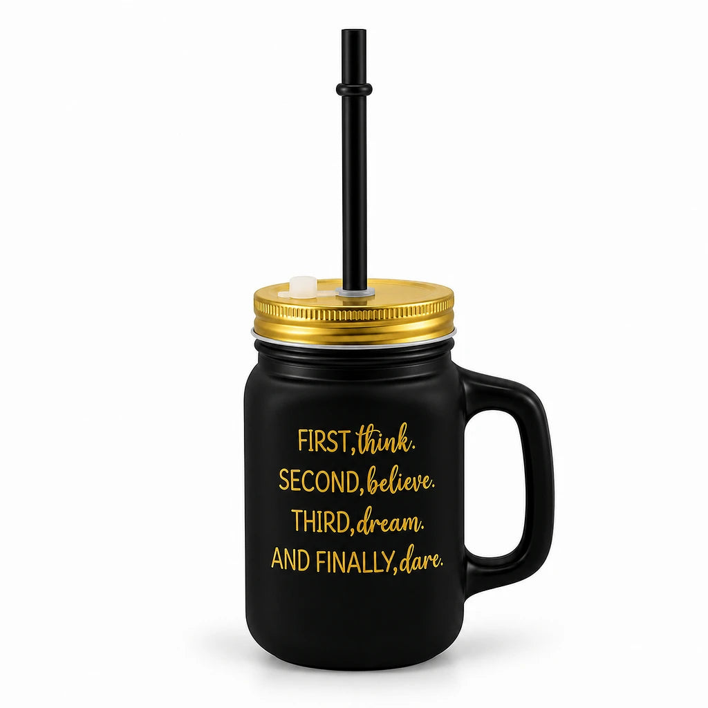 Kleeyo Black Dream & Dare 450 ml Glass Mason Jar with Straw