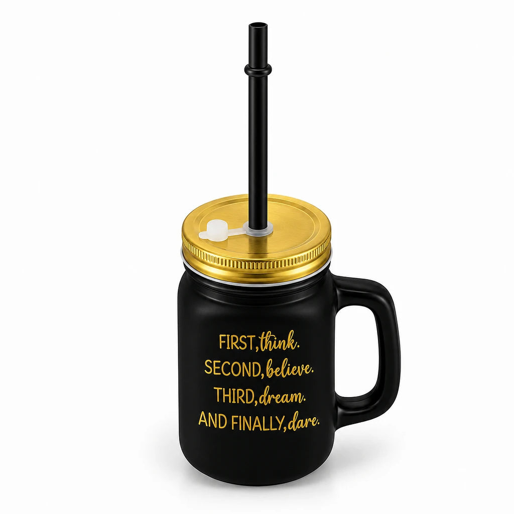 Kleeyo Black Dream & Dare 450 ml Glass Mason Jar with Straw