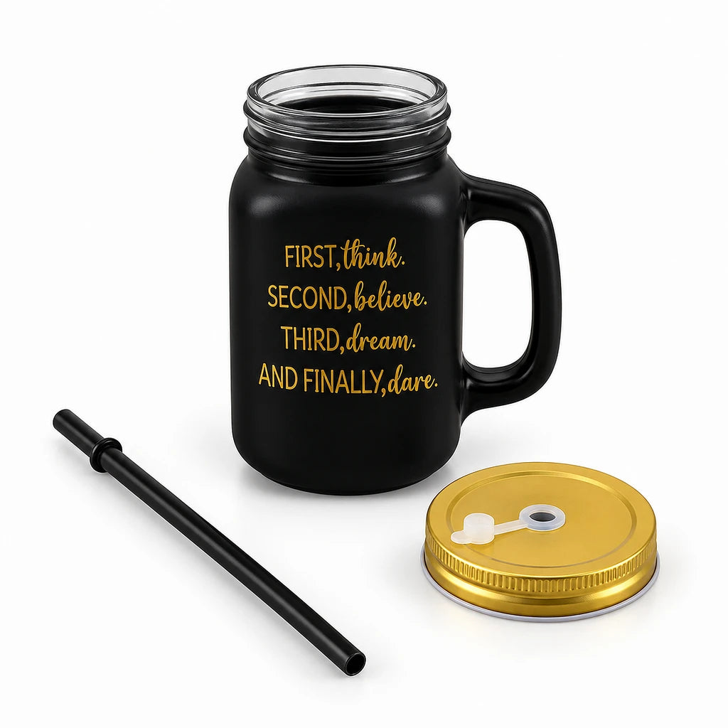 Kleeyo Black Dream & Dare 450 ml Glass Mason Jar with Straw