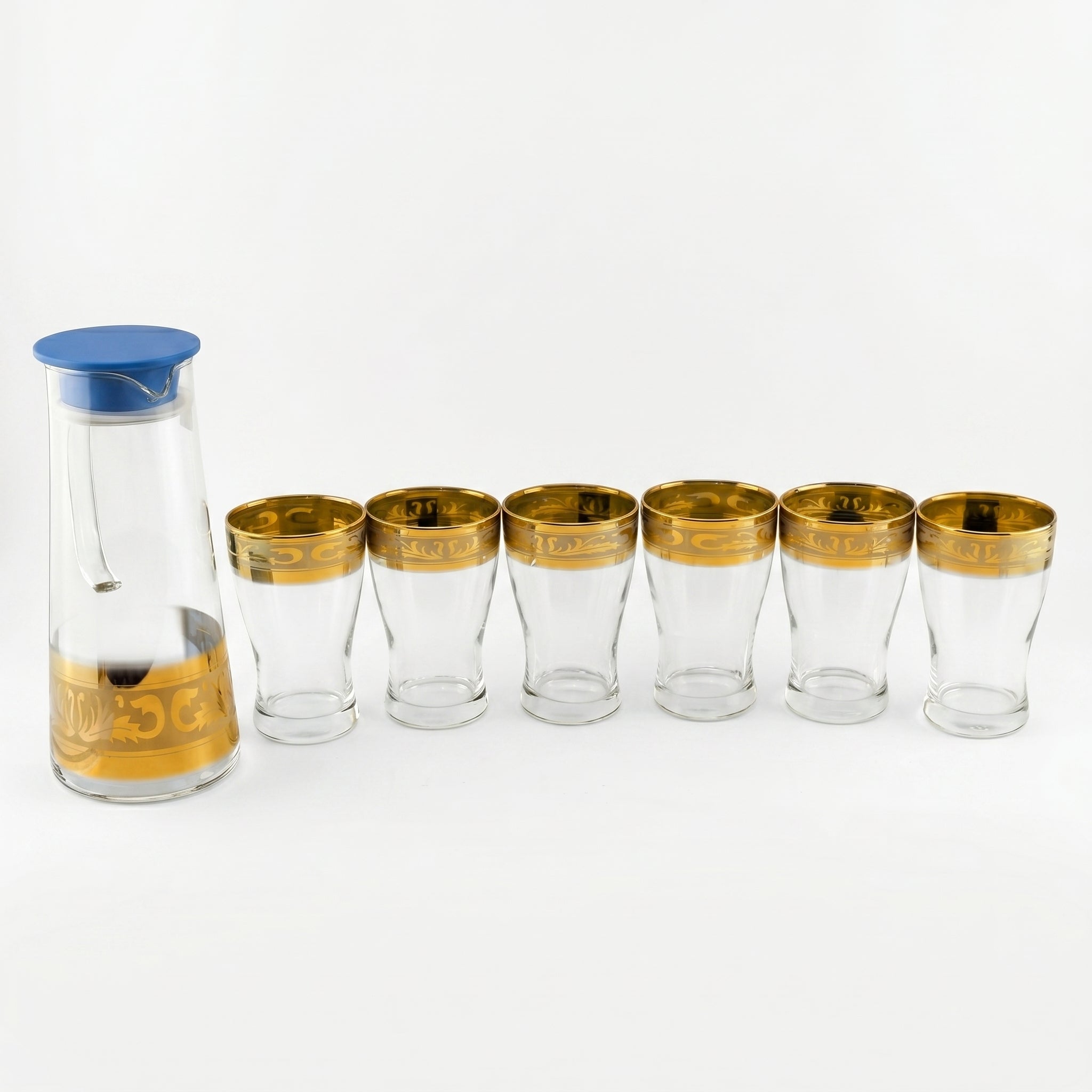 Home Table 7-Piece Gold Rim Water Glass and Jug With Blue Lid Sets