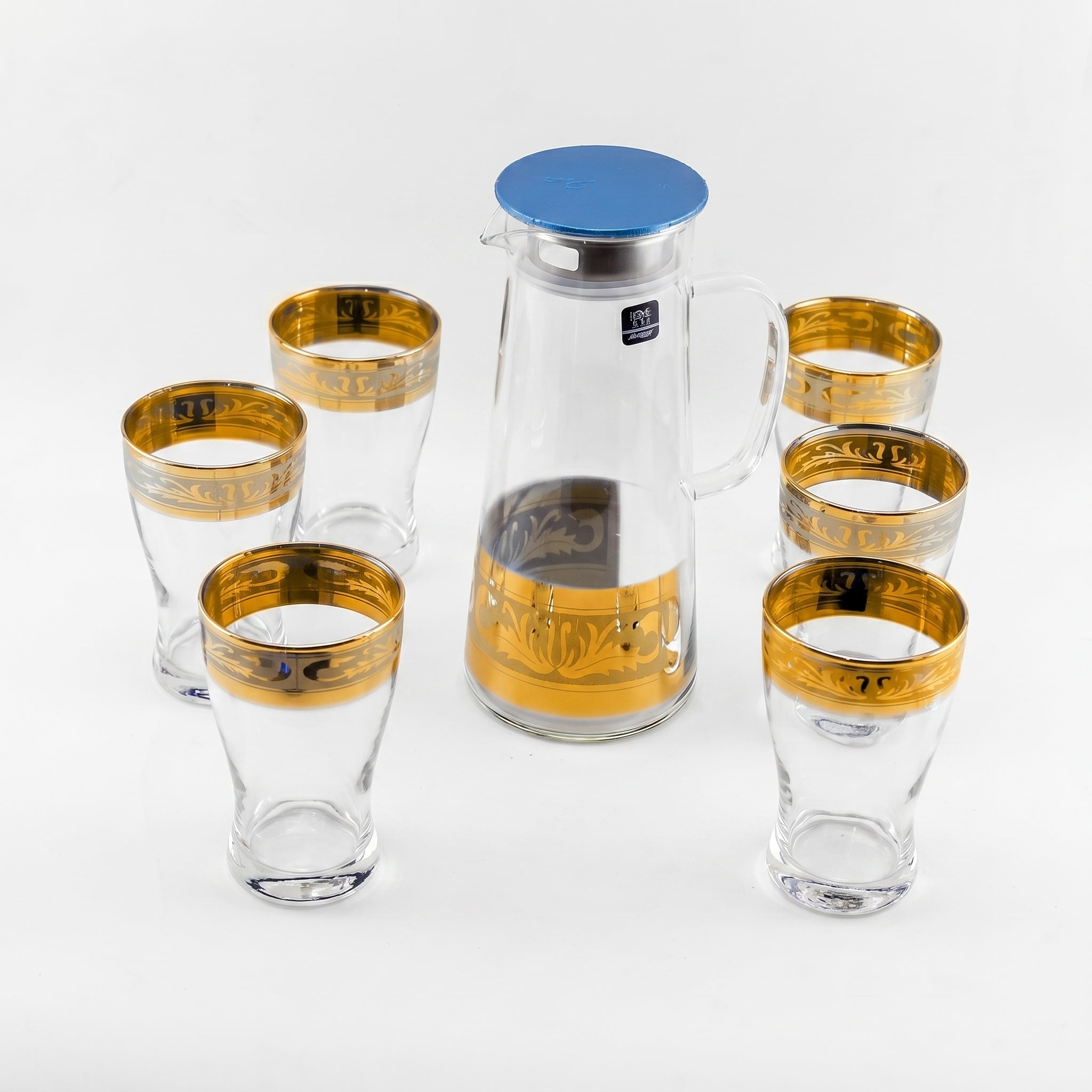 Home Table 7-Piece Gold Rim Water Glass and Jug With Blue Lid Sets