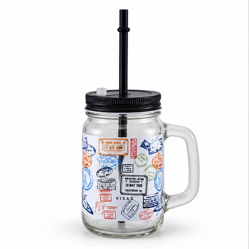 Kleeyo Travel Stamps 450 ml Glass Mason Jar with Straw